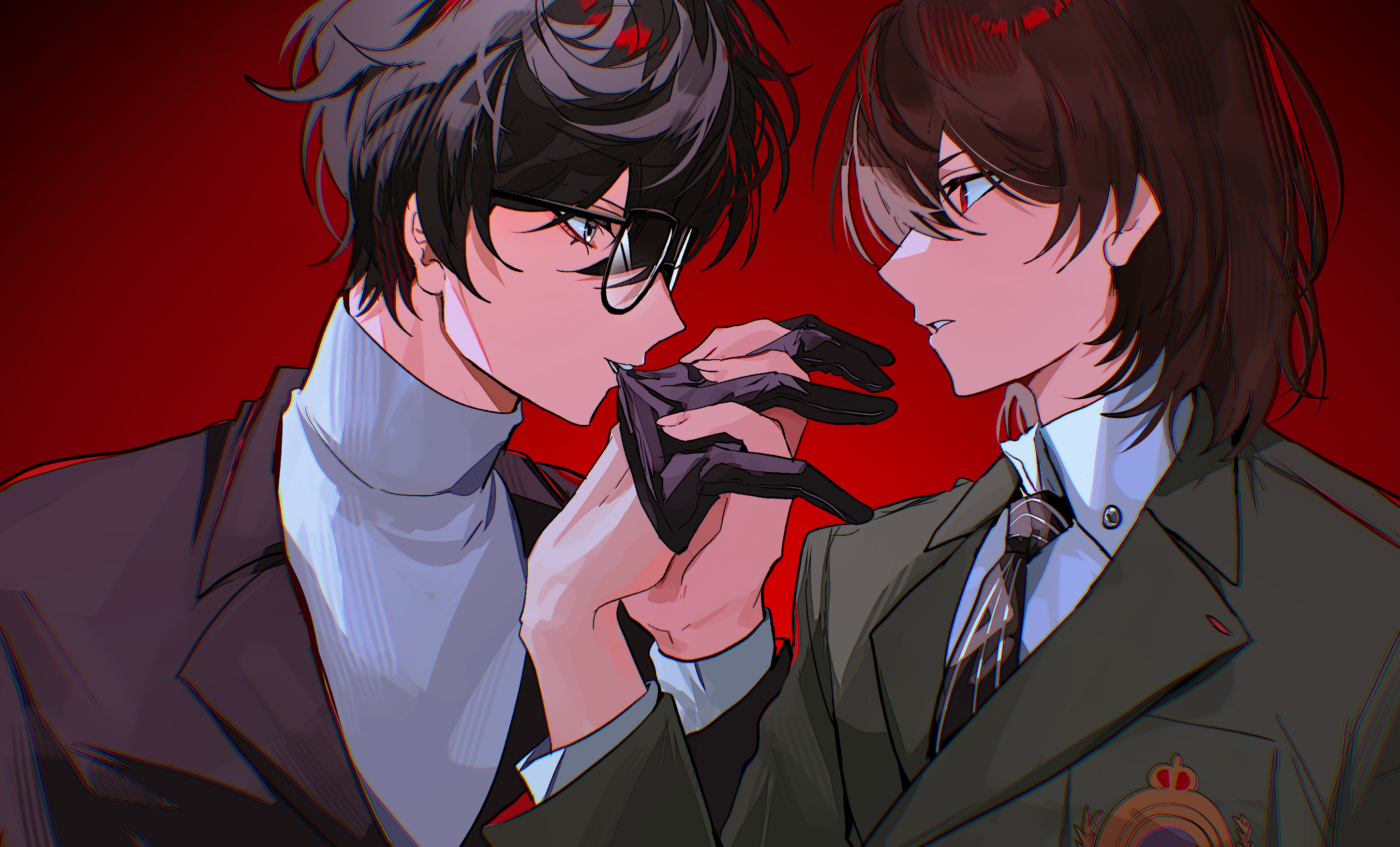 fsmaichobpeg0, akechi gorou, amamiya ren, persona, persona 5, commentary, hashtag-only commentary, highres, 2boys, black-framed eyewear, black eyes, black gloves, black hair, black jacket, black necktie, blazer, brown hair, brown jacket, glasses, glove in mouth, gloves, hair between eyes, hand up, holding hands, jacket, long sleeves, looking at another, male focus, messy hair, mouth hold, multiple boys, necktie, parted lips, portrait, red background, red eyes, removing glove, school uniform, shirt, short hair, shuujin academy school uniform, simple background, striped clothes, turtleneck, turtleneck shirt, vertical-striped clothes, vertical-striped necktie, white shirt