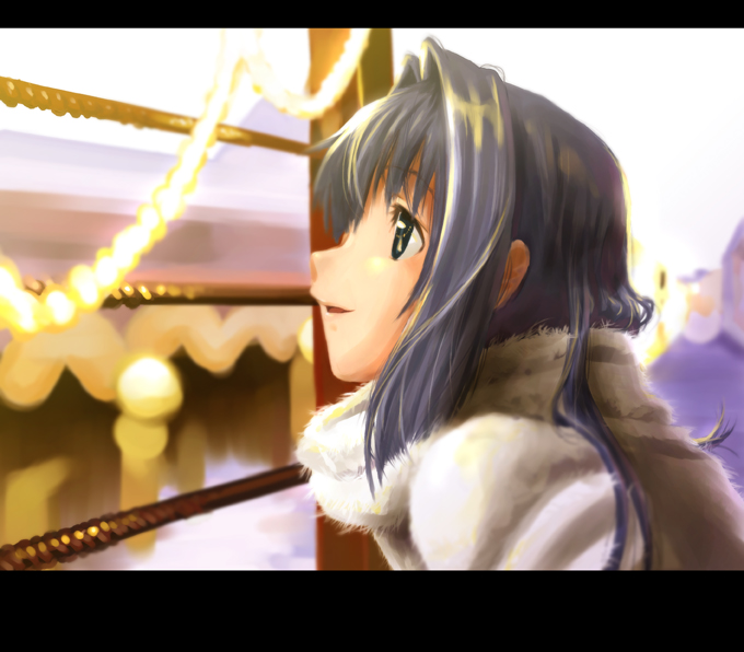 futari no ana, minase nayuki, kanon, 1girl, :d, blue hair, blurry, brown eyes, city lights, female focus, from side, fur trim, letterboxed, long hair, open mouth, parted lips, profile, sideways mouth, smile, solo, upper body, window