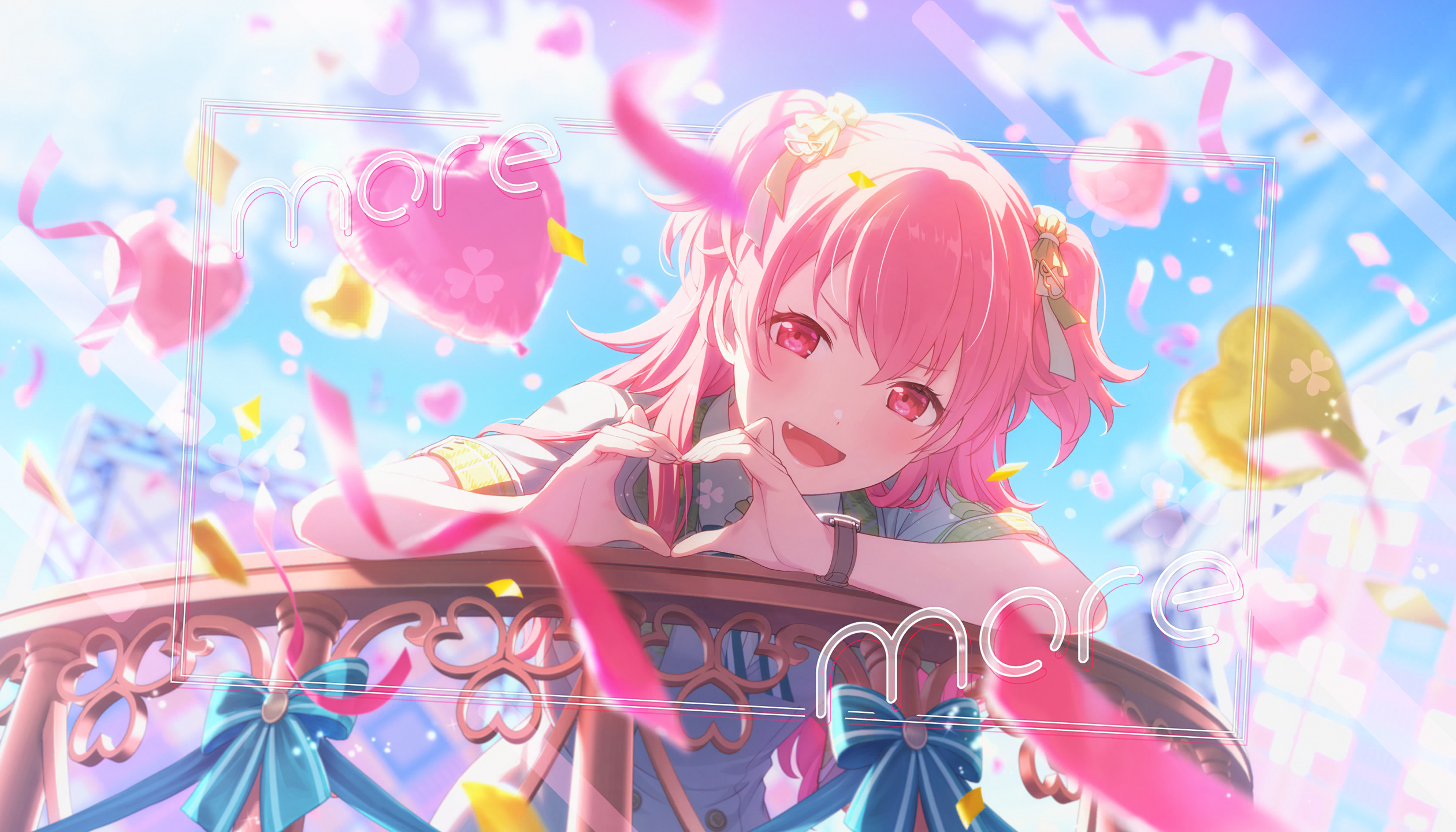 colorful palette, momoi airi, project sekai, game cg, highres, official art, third-party source, 1girl, :d, balloon, blue sky, blurry, blurry background, cloud, collared dress, confetti, dress, english text, fang, heart, heart balloon, heart hands, itsuka hanasaku stage e (project sekai), long hair, looking at viewer, open mouth, pink eyes, pink hair, sky, smile, solo, streamers, tongue, two side up, white dress