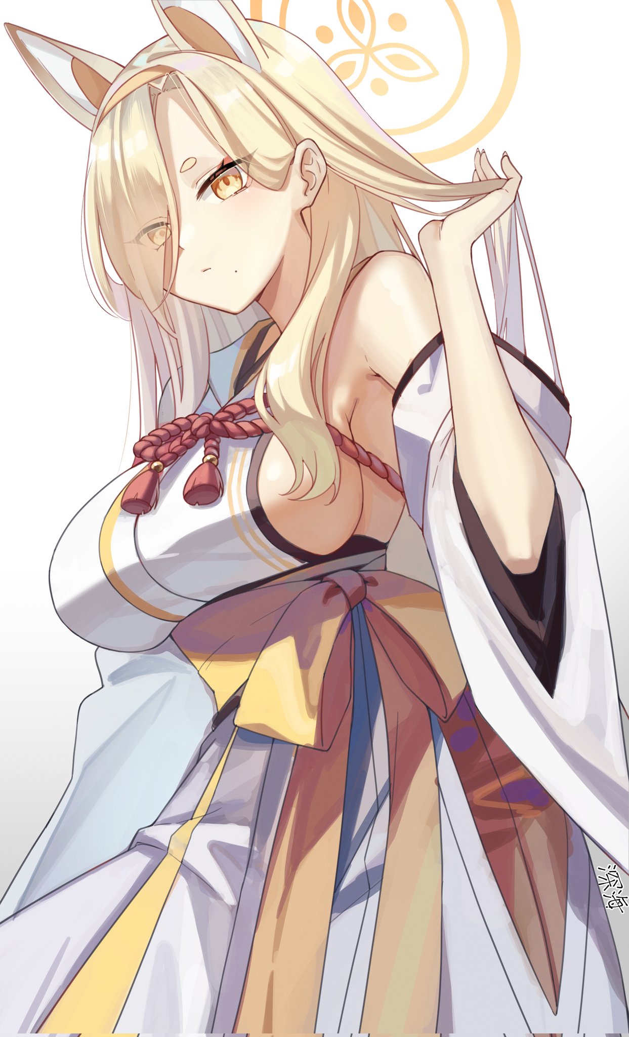shinkai kokoa, kaho (blue archive), blue archive, commentary, corrupted twitter file, highres, 1girl, adjusting hair, animal ears, bare shoulders, blonde hair, breasts, closed mouth, cowboy shot, detached sleeves, extra ears, eyes visible through hair, eyeshadow, fox ears, fox girl, from below, hair behind ear, hair over one eye, hairband, hakama, halo, hand up, japanese clothes, kimono, large breasts, long hair, long sleeves, makeup, mole, mole under mouth, no bra, orange hairband, orange halo, orange sash, pink eyeshadow, short eyebrows, sideboob, sideless kimono, sidelocks, signature, simple background, sleeveless, sleeveless kimono, solo, straight hair, thick eyebrows, white background, white hakama, wide sleeves, yellow eyes