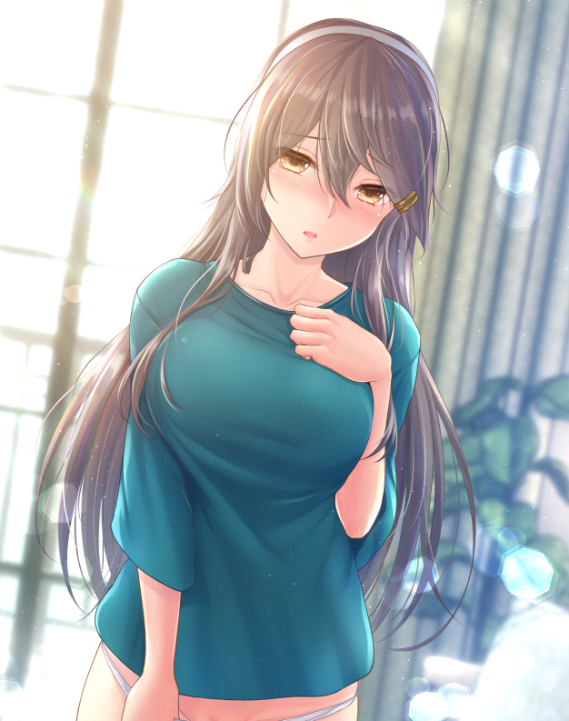 ryu-akt, haruna (kancolle), kantai collection, commentary request, 1girl, black hair, breasts, brown eyes, green shirt, hair between eyes, hairband, hand on own chest, large breasts, lens flare, long hair, panties, shirt, solo, underwear, upper body, white hairband, white panties, window
