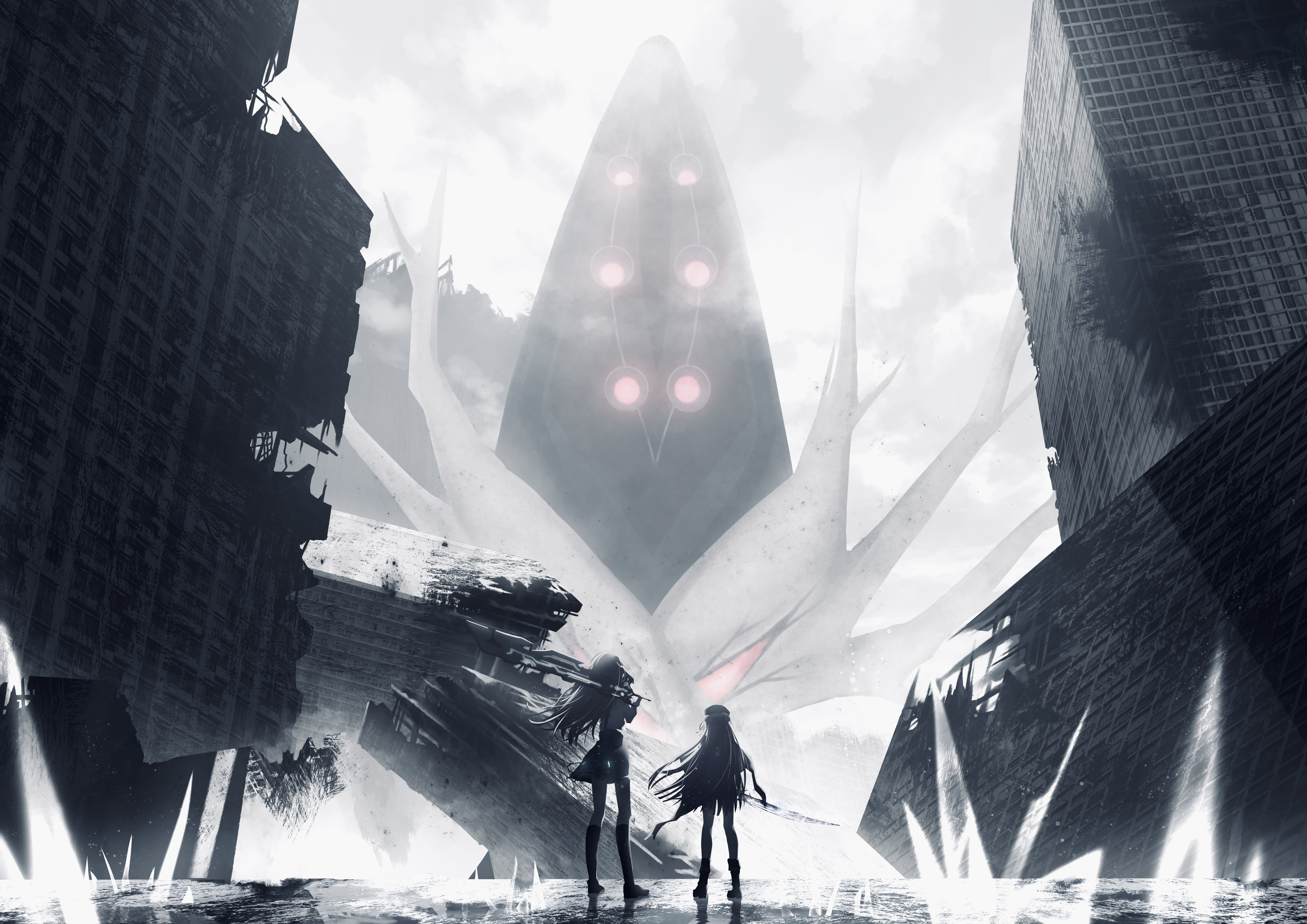 asukake project, aikawa megumi, kunimi tama, heaven burns red, absurdres, highres, 2girls, boots, building, cloud, cloudy sky, extra eyes, flat hand (heaven burns red), from behind, giant, glowing, glowing eyes, gun, hat, high heels, holding, holding gun, holding sword, holding weapon, jacket, long hair, monster, multiple girls, outdoors, pantyhose, robot, ruins, scenery, skirt, sky, standing, sword, very long hair, weapon