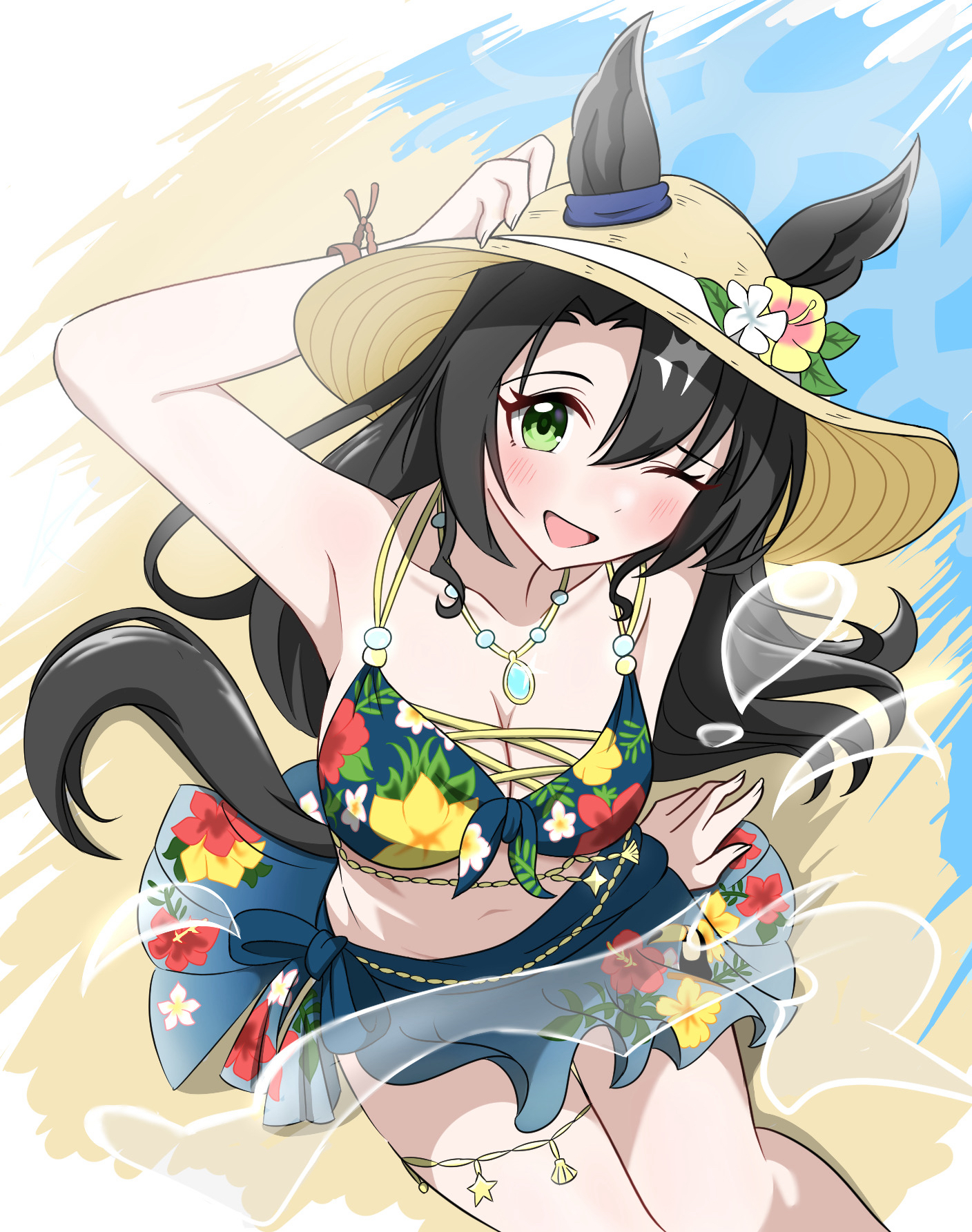 abyss kpn (ki), satono crown (sunny island splendor) (umamusume), satono crown (umamusume), umamusume, highres, 1girl, ;d, animal ears, bare shoulders, bikini, black hair, blue bikini, blue sarong, blush, breasts, cleavage, ears through headwear, floral print, floral print bikini, floral print sarong, flower, green eyes, hair between eyes, hair down, hat, hat flower, horse ears, horse girl, jewelry, long hair, looking at viewer, medium breasts, midriff, navel, necklace, official alternate costume, official alternate hairstyle, one eye closed, open mouth, print bikini, sarong, smile, solo, straw hat, sun hat, swimsuit