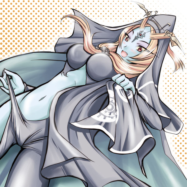 microspace, midna, midna (true), nintendo, the legend of zelda, the legend of zelda: twilight princess, spoilers, 1girl, blue skin, blush, breasts, colored skin, female focus, front ponytail, orange hair, solo