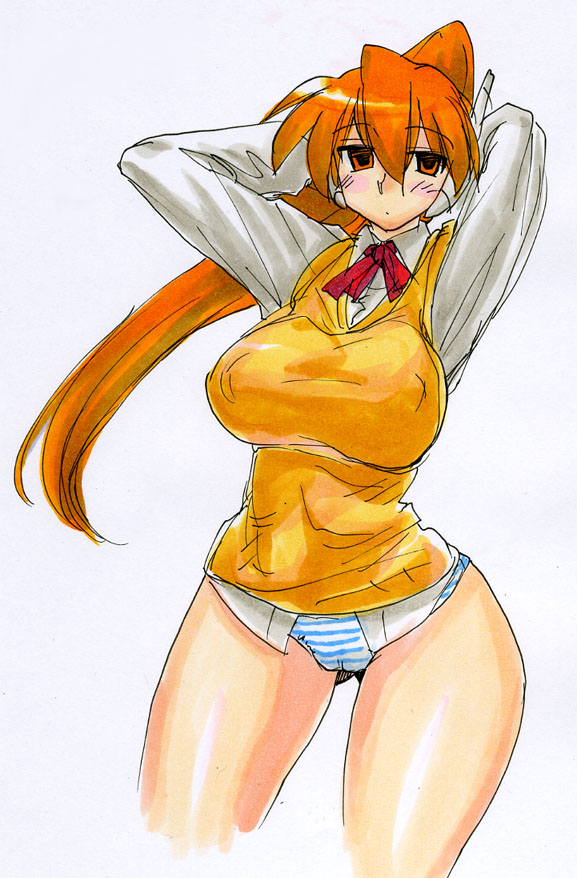 kikuta, serio (to heart), to heart, to heart (series), 1girl, armpits, bottomless, breasts, cleavage, female focus, long hair, no pants, orange hair, panties, solo, striped clothes, striped panties, underwear