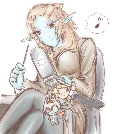 microspace, midna, midna (true), nintendo, the legend of zelda, the legend of zelda: twilight princess, spoilers, 1girl, blue skin, casual, colored skin, elf, female focus, musical note, pantyhose, pointy ears, quaver, solo, speech bubble, spoken musical note