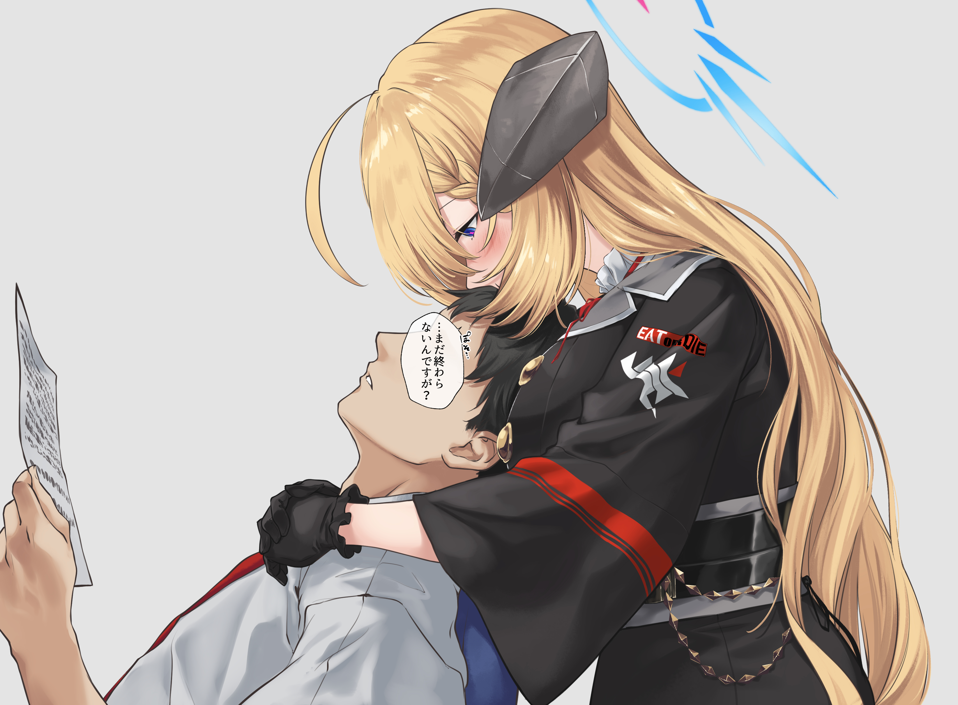 mori yashiro (konkon oyashiro), akari (blue archive), blue archive, absurdres, highres, translation request, 1boy, 1girl, black gloves, black horns, blonde hair, blue eyes, blue halo, breasts, demon horns, forward-facing horns, gloves, hair between eyes, halo, horns, hug, hug from behind, large breasts, long hair, long sleeves, pink pupils, very long hair