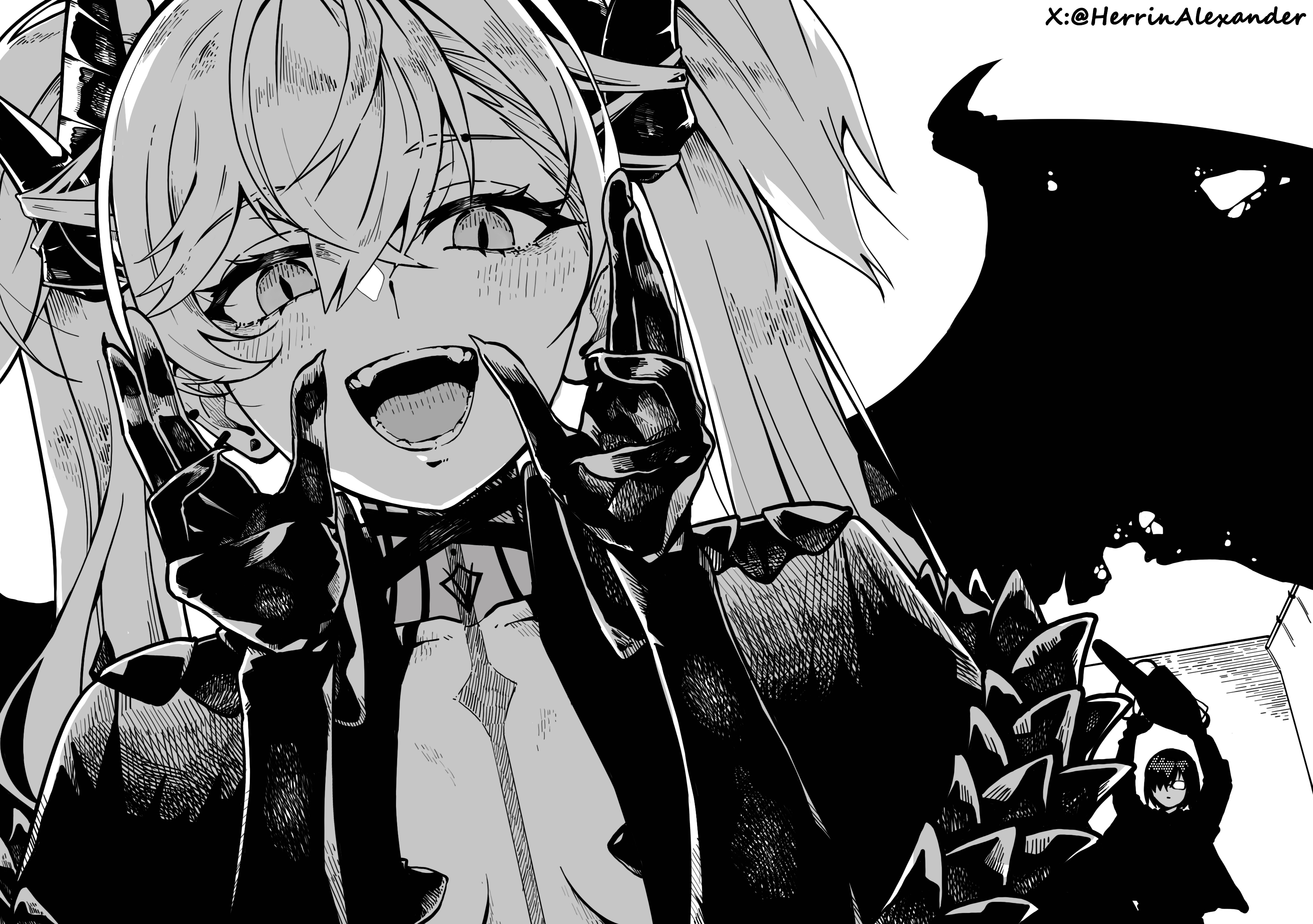 alexander herrington, lilith (fate), mash kyrielight, fate/grand order, fate (series), absurdres, commentary, english commentary, highres, 2girls, blush, breasts, crossed bangs, demon girl, demon horns, demon wings, greyscale, horns, long hair, looking at viewer, medium breasts, monochrome, multiple girls, open mouth, slit pupils, solo focus, twintails, twitter username, wings