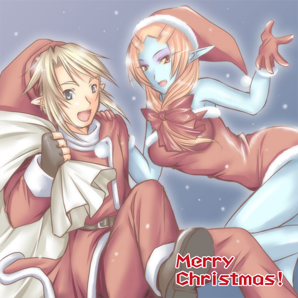 microspace, link, midna, midna (true), nintendo, the legend of zelda, the legend of zelda: twilight princess, spoilers, 1boy, 1girl, blue eyes, blue skin, christmas, colored skin, elf, front ponytail, pointy ears, santa costume