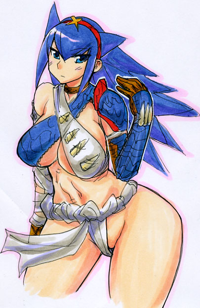 kikuta, capcom, monster hunter (series), 1girl, armor, blue eyes, blue hair, breasts, cleavage, female focus, loincloth, matching hair/eyes, nargacuga (armor), solo