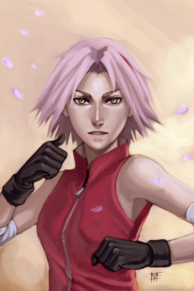 ninjatic, haruno sakura, naruto (classic), naruto (series), naruto shippuuden, 1girl, arm warmers, bare shoulders, black gloves, breasts, cherry blossoms, female focus, gloves, green eyes, hand up, looking at viewer, name connection, object namesake, parted lips, petals, pink hair, red shirt, shirt, short hair, sleeveless, sleeveless shirt, solo, upper body, zipper
