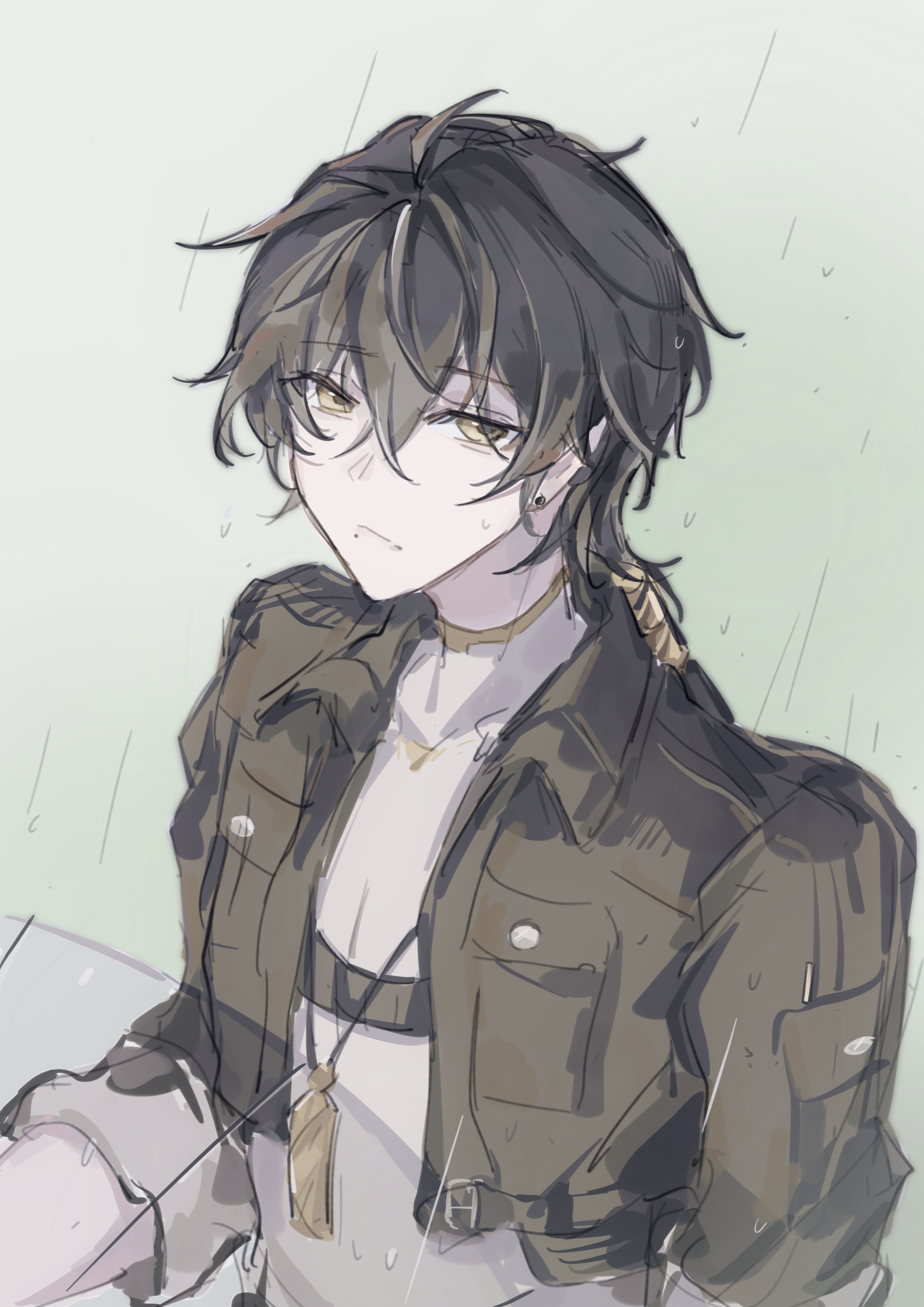 male rover (wuthering waves), rover (wuthering waves), wuthering waves, absurdres, chinese commentary, commentary request, highres, 1boy, black hair, black jacket, closed mouth, collared jacket, grey shirt, hair between eyes, jacket, jewelry, long hair, looking at viewer, male focus, mijiu163, mole, mole under mouth, necklace, open clothes, open jacket, rain, shirt, sleeves rolled up, solo, upper body, yellow eyes