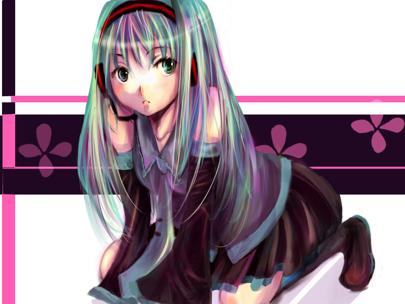 koumu rio, koumurio, hatsune miku, vocaloid, 00s, 1girl, all fours, aqua hair, detached sleeves, female focus, green eyes, hair down, headset, long hair, necktie, skirt, solo