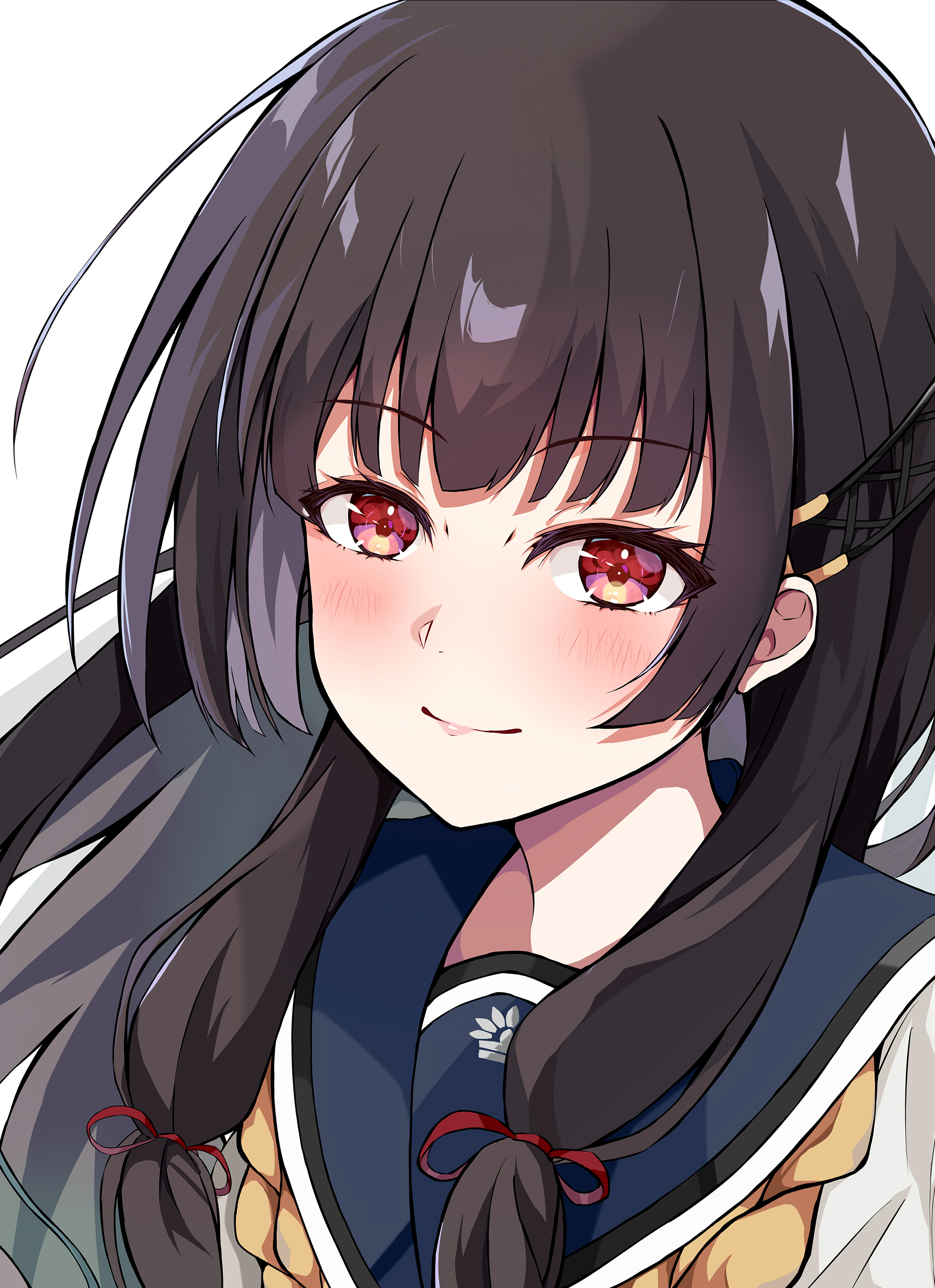 dairyo3, isokaze (kancolle), kantai collection, absurdres, commentary request, highres, 1girl, black hair, blue sailor collar, long hair, looking at viewer, red eyes, sailor collar, sailor shirt, school uniform, serafuku, shirt, simple background, smile, solo, upper body, white background