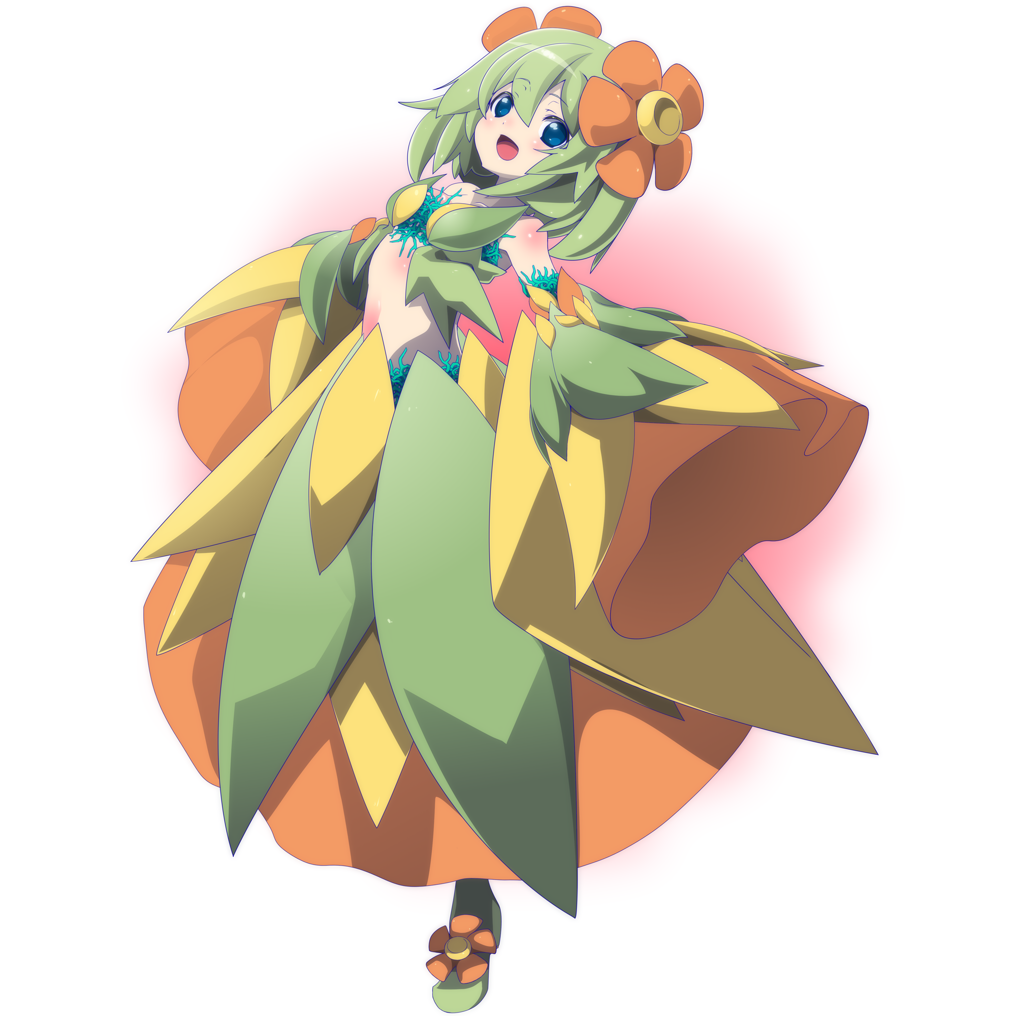 shimaumayamada, bellossom, nintendo, pokemon, highres, 1girl, :d, blue eyes, blush, breasts, flower, gen 2 pokemon, green hair, green shoes, hair flower, hair ornament, midriff, open mouth, personification, shoes, simple background, small breasts, smile, solo, wide sleeves