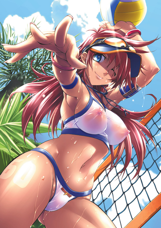 rakko (r2), original, 1girl, armpits, ball, bikini, blue eyes, breasts, covered erect nipples, day, female focus, long hair, medium breasts, nipples, one eye closed, red hair, see-through clothes, solo, swimsuit, visor cap, volleyball, volleyball (object), wet