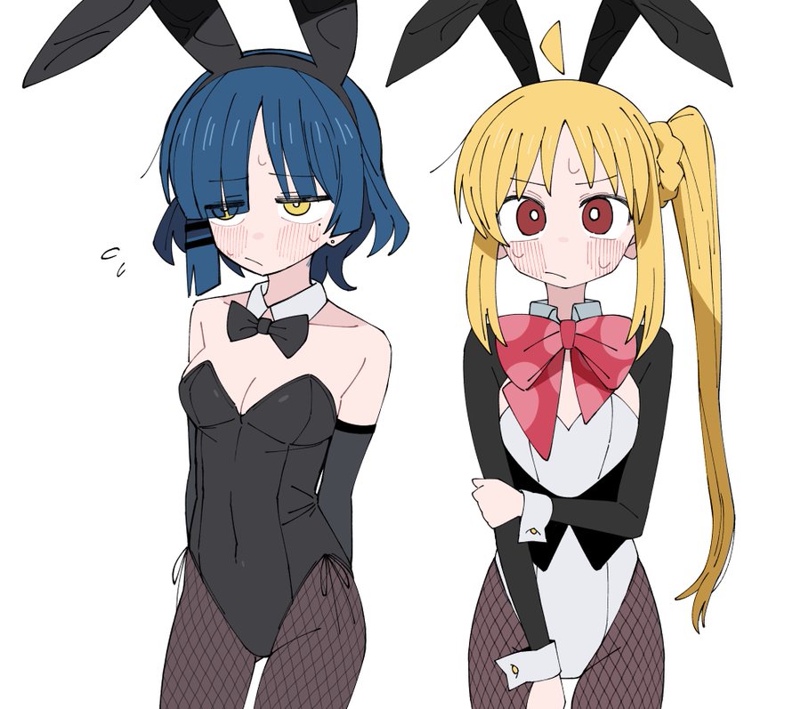 sabi1234, ijichi nijika, yamada ryo, bocchi the rock!, non-web source, 2girls, ahoge, animal ears, arms behind back, black necktie, blonde hair, blue hair, blush, breasts, covered navel, detached ahoge, detached collar, detached sleeves, ear piercing, feet out of frame, fishnet pantyhose, fishnets, frown, hand on own arm, long hair, looking at viewer, looking to the side, medium breasts, multiple girls, necktie, pantyhose, piercing, playboy bunny, rabbit ears, red eyes, red necktie, short hair, side ponytail, simple background, sweatdrop, white background, yellow eyes