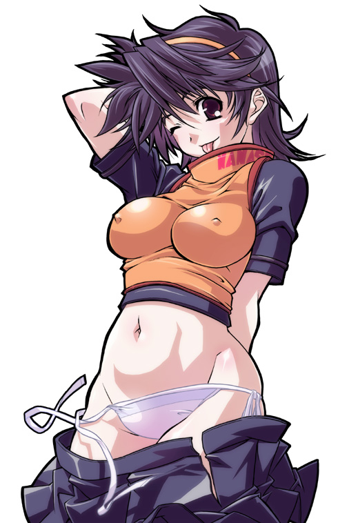 rakko (r2), 1girl, ;p, breasts, covered erect nipples, female focus, hairband, large breasts, one eye closed, panties, purple hair, red eyes, short hair, side-tie panties, solo, tongue, tongue out, underwear, wardrobe malfunction, wink