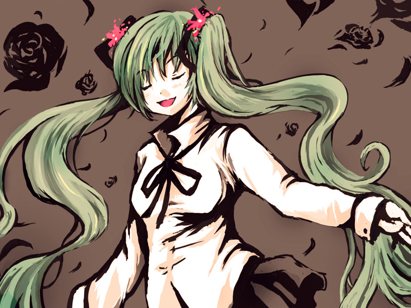 koumu rio, koumurio, hatsune miku, vocaloid, 1girl, closed eyes, female focus, flower, green hair, long hair, skirt, solo, twintails