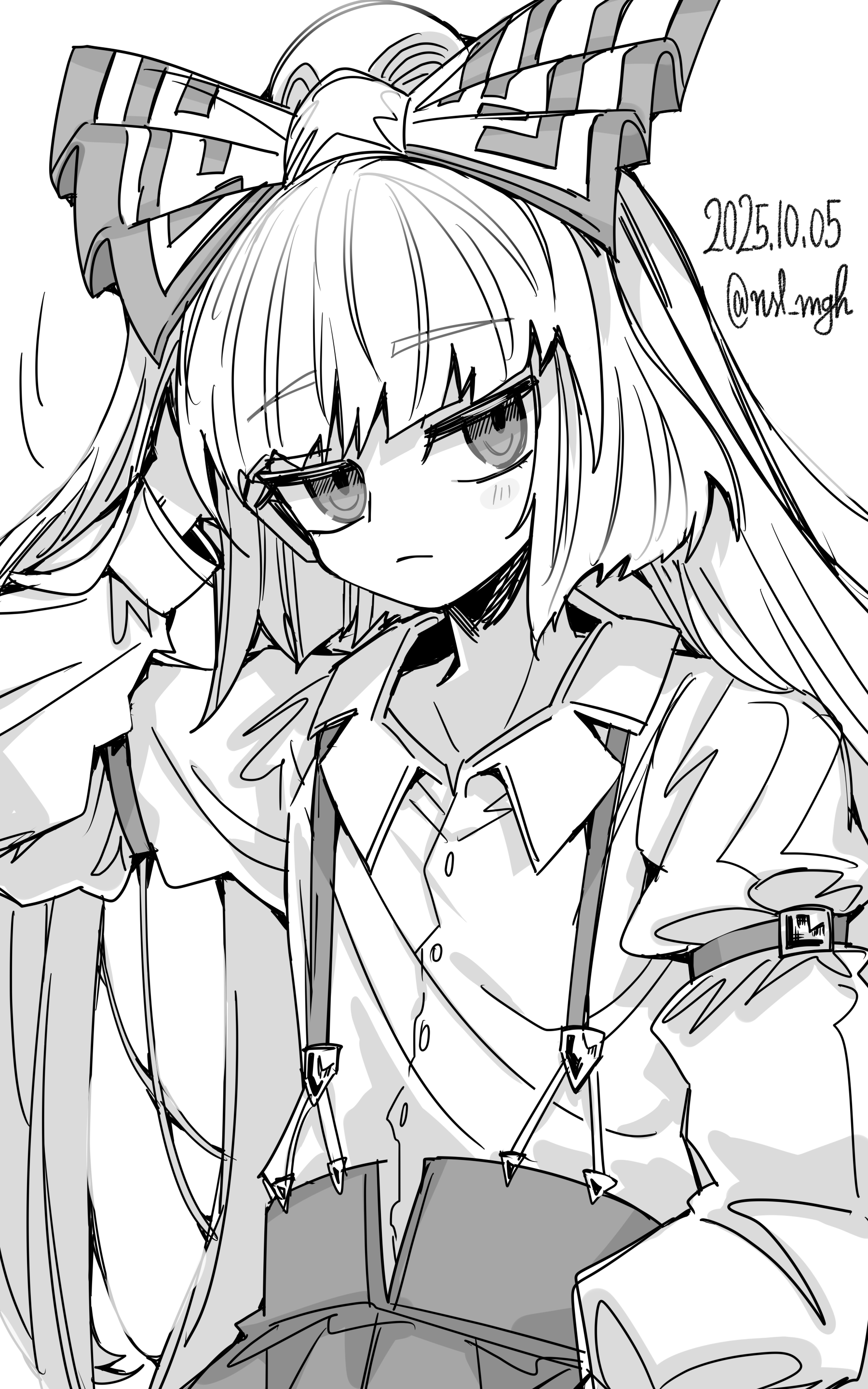ichirugi, fujiwara no mokou, touhou, absurdres, commentary, highres, 1girl, armband, artist name, bow, dated, expressionless, greyscale, hair bow, hand in own hair, looking at viewer, monochrome, pants, shirt, sketch, solo, suspenders