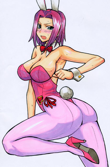 kikuta, kouzuki kallen, code geass, 00s, 1girl, animal ears, ass, bare shoulders, breasts, curvy, fake animal ears, female focus, high heels, pantyhose, pink hair, pink pantyhose, playboy bunny, rabbit ears, shoes, short hair, sideboob, simple background, solo