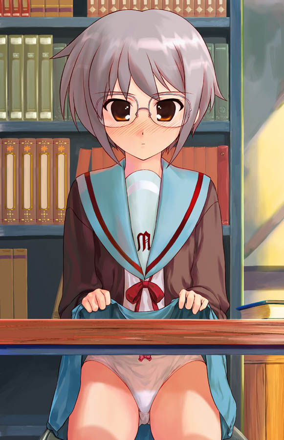 hechi, nagato yuki, suzumiya haruhi no yuuutsu, silver hair, 00s, blush, brown eyes, chestnut mouth, clothes lift, glasses, lifting own clothes, panties, school uniform, serafuku, short hair, sitting, skirt, skirt lift, solo, underwear