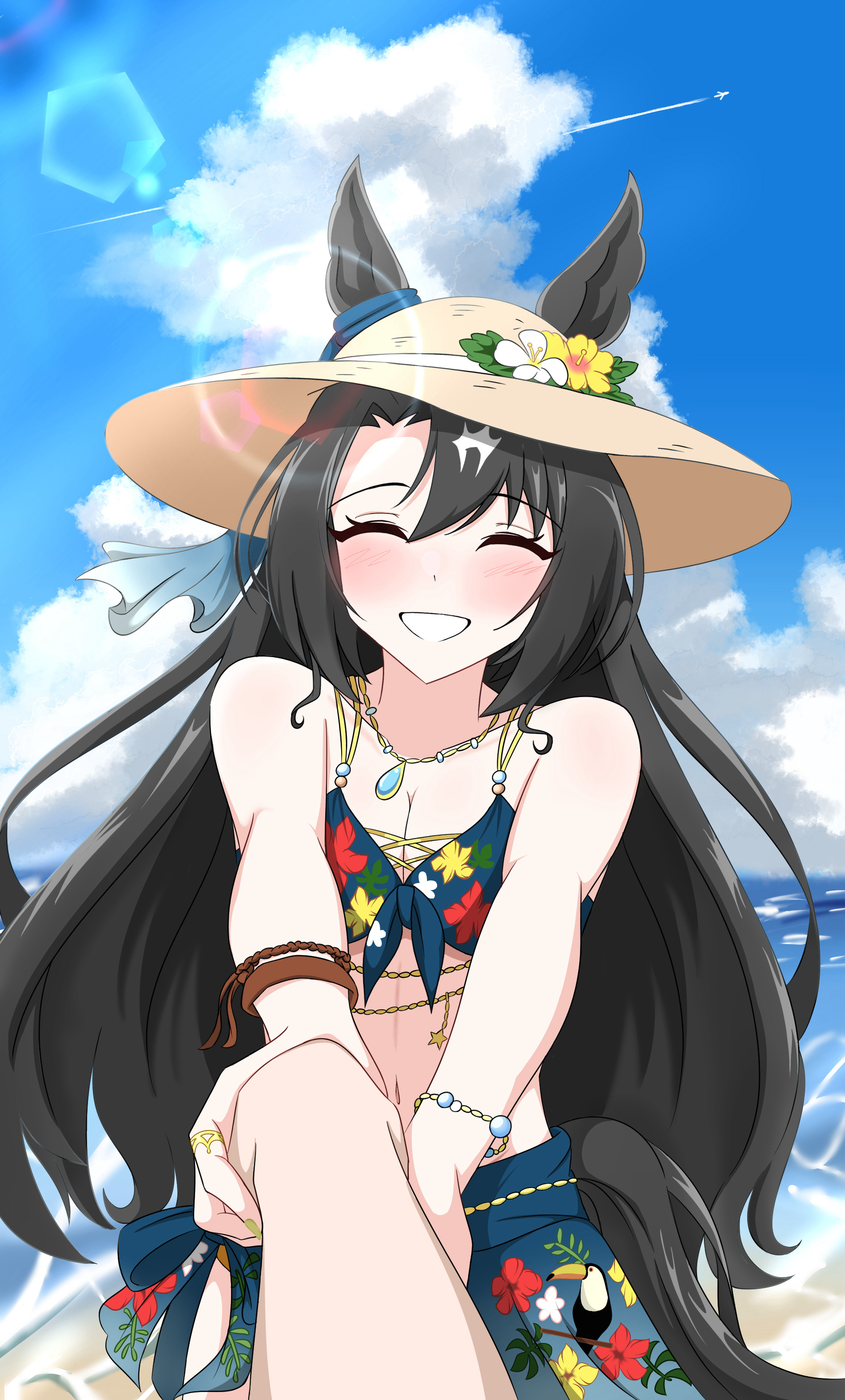 abyss kpn (ki), satono crown (sunny island splendor) (umamusume), satono crown (umamusume), umamusume, absurdres, highres, 1girl, 1other, ^ ^, aircraft, airplane, animal ears, bare shoulders, bikini, bird, black hair, blue bikini, blue sarong, blush, breasts, cleavage, closed eyes, cloud, contrail, ears through headwear, facing viewer, floral print, floral print bikini, floral print sarong, green eyes, hair between eyes, hair down, hat, holding hands, horse ears, horse girl, jewelry, lens flare, long hair, medium breasts, necklace, official alternate costume, official alternate hairstyle, pov, pov hands, print bikini, sarong, solo focus, straw hat, sun hat, swimsuit, toucan