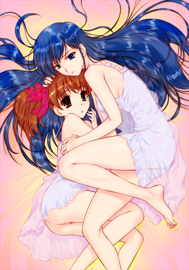 hechi, fukuzawa yumi, ogasawara sachiko, maria-sama ga miteru, 2girls, ass, barefoot, blue eyes, blue hair, brown eyes, brown hair, camisole, chemise, feet, hug, long hair, lying, multiple girls, pussy, see-through clothes, twintails, uncensored, yuri