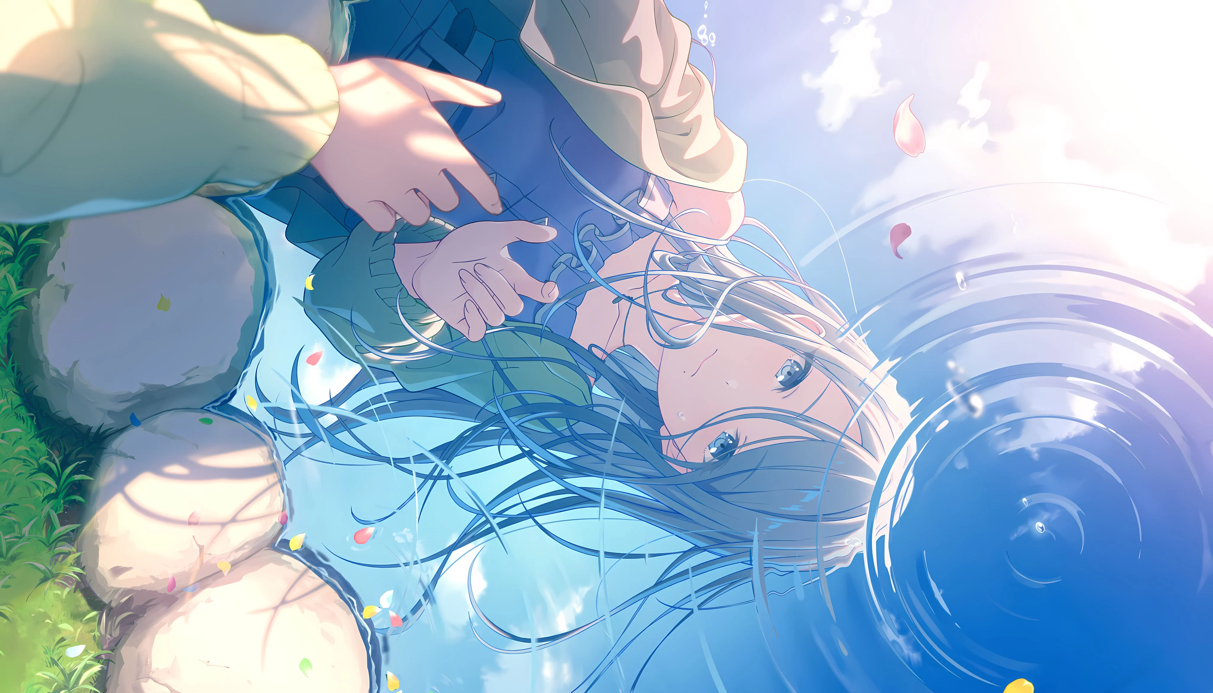 colorful palette, hinomori shizuku, project sekai, absurdres, game cg, highres, official art, third-party source, 1girl, blue eyes, blue shirt, blue sky, blurry, closed mouth, cloud, collarbone, depth of field, grass, grey hair, itsuka hanasaku stage e (project sekai), jacket, jewelry, long sleeves, mole, mole under mouth, necklace, open clothes, open jacket, petals, reflection, ripples, rock, shirt, sky, sleeves past wrists, solo, tears, water, yellow jacket