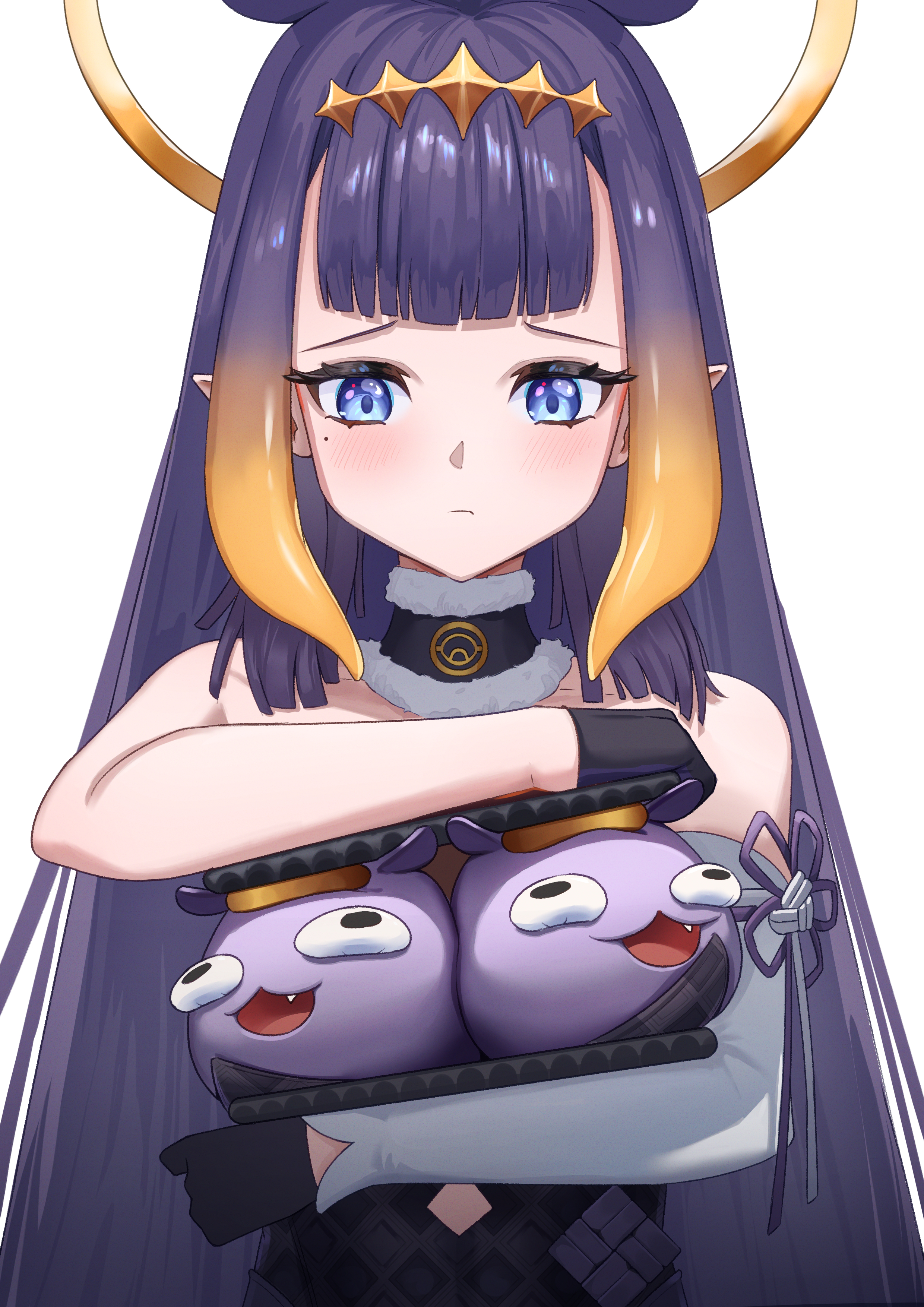 ninomae ina'nis, ninomae ina'nis (1st costume), takodachi (ninomae ina'nis), hololive, hololive english, absurdres, highres, 1girl, black dress, black gloves, blue eyes, blush, closed mouth, dress, gloves, looking at viewer, meme, mole, mole under eye, pointy ears, purple hair, shioreos (meme), solo, specwamen, tentacle hair, virtual youtuber