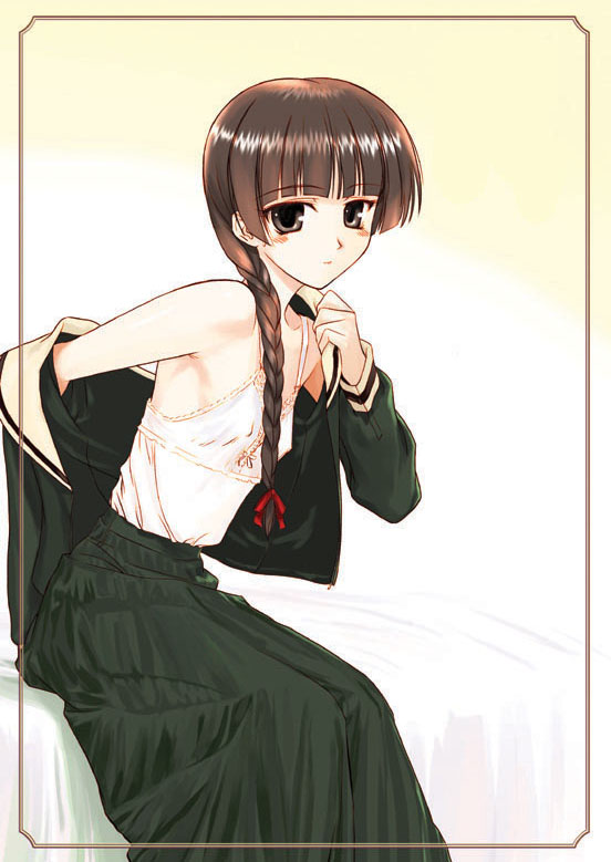hechi, shimazu yoshino, maria-sama ga miteru, 00s, blunt bangs, braid, brown eyes, brown hair, camisole, flat chest, gradient background, long hair, school uniform, solo, undressing