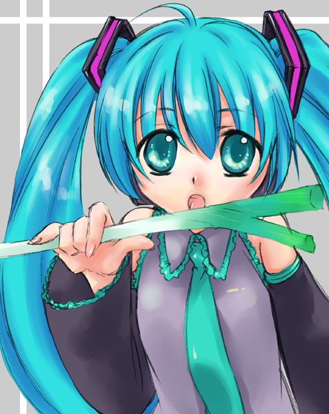 kawagoe pochi, hatsune miku, vocaloid, bad id, bad pixiv id, aqua eyes, blue hair, detached sleeves, long hair, necktie, open mouth, solo, spring onion, twintails
