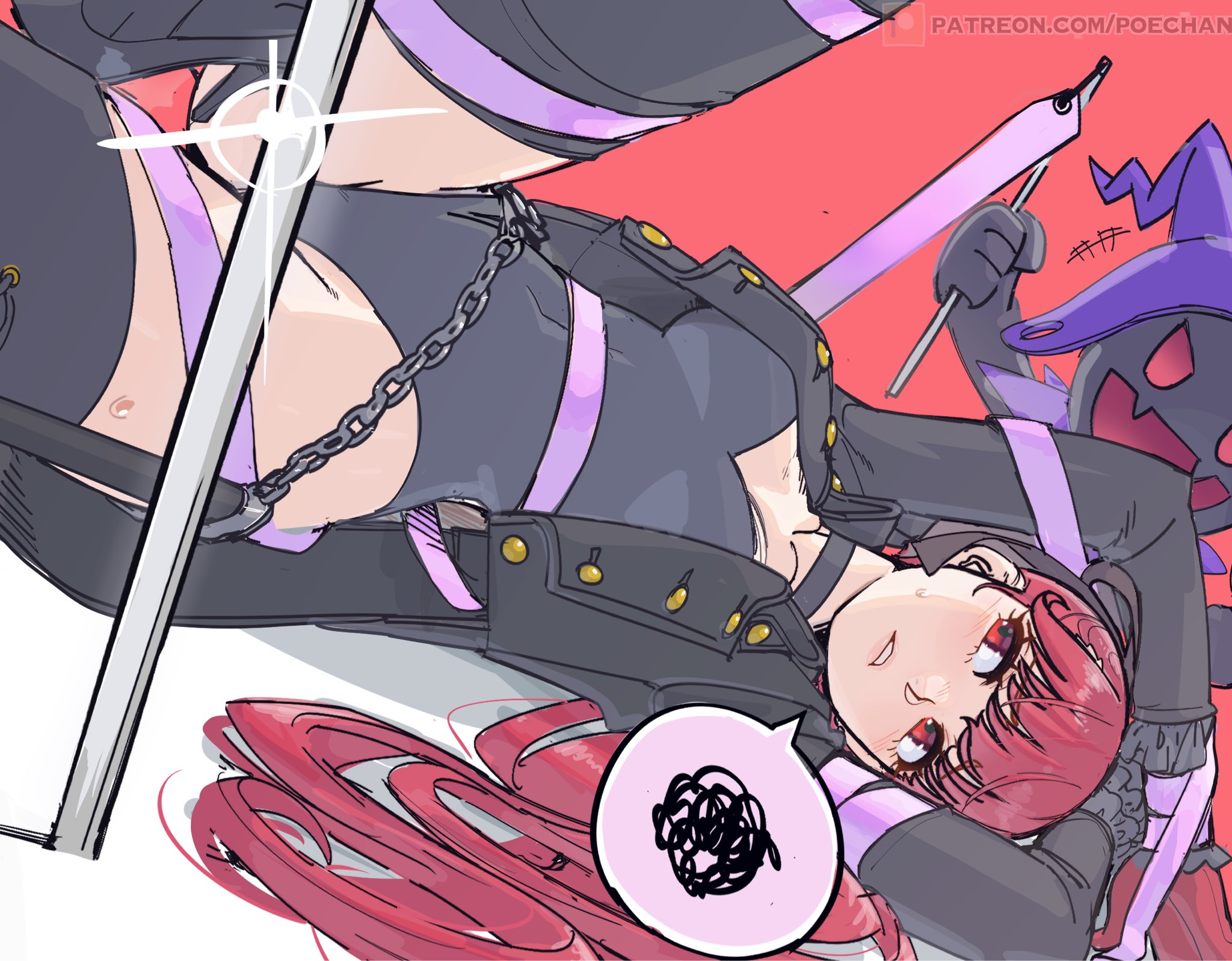 poechan chan, black frost, violet (persona 5), yoshizawa kasumi, persona, persona 5, persona 5 the royal, commentary request, highres, 1girl, black boots, black choker, black jacket, black leotard, blush, boots, bound, bound wrists, breasts, choker, demon (megami tensei), foot out of frame, glint, highleg, highleg leotard, holding ribbon baton, jacket, leotard, long hair, long sleeves, looking up, lying, medium breasts, on ground, on side, parted lips, patreon logo, patreon username, planted, planted sword, planted weapon, purple ribbon, red background, red eyes, red hair, restrained, ribbon, ribbon baton, scabbard, sheath, silver belt, spoken squiggle, squiggle, sweat, sword, thigh boots, watermark, weapon, web address