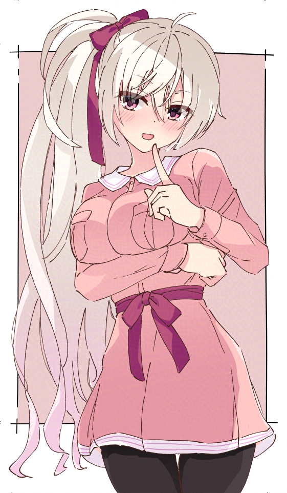 okaeru, akizuki kanna, cafe stella to shinigami no chou, adversarial noise, commentary, 1girl, :d, ahoge, arm under breasts, black pantyhose, blush, border, bow, breasts, cowboy shot, crossed bangs, eyes visible through hair, hair between eyes, hair bow, hair ribbon, index finger raised, large breasts, long hair, long sleeves, looking at viewer, open mouth, outside border, pantyhose, pink background, pink shirt, pink skirt, purple eyes, red bow, red ribbon, ribbon, shirt, side ponytail, simple background, skirt, smile, solo, thigh gap, very long hair, white border, white hair