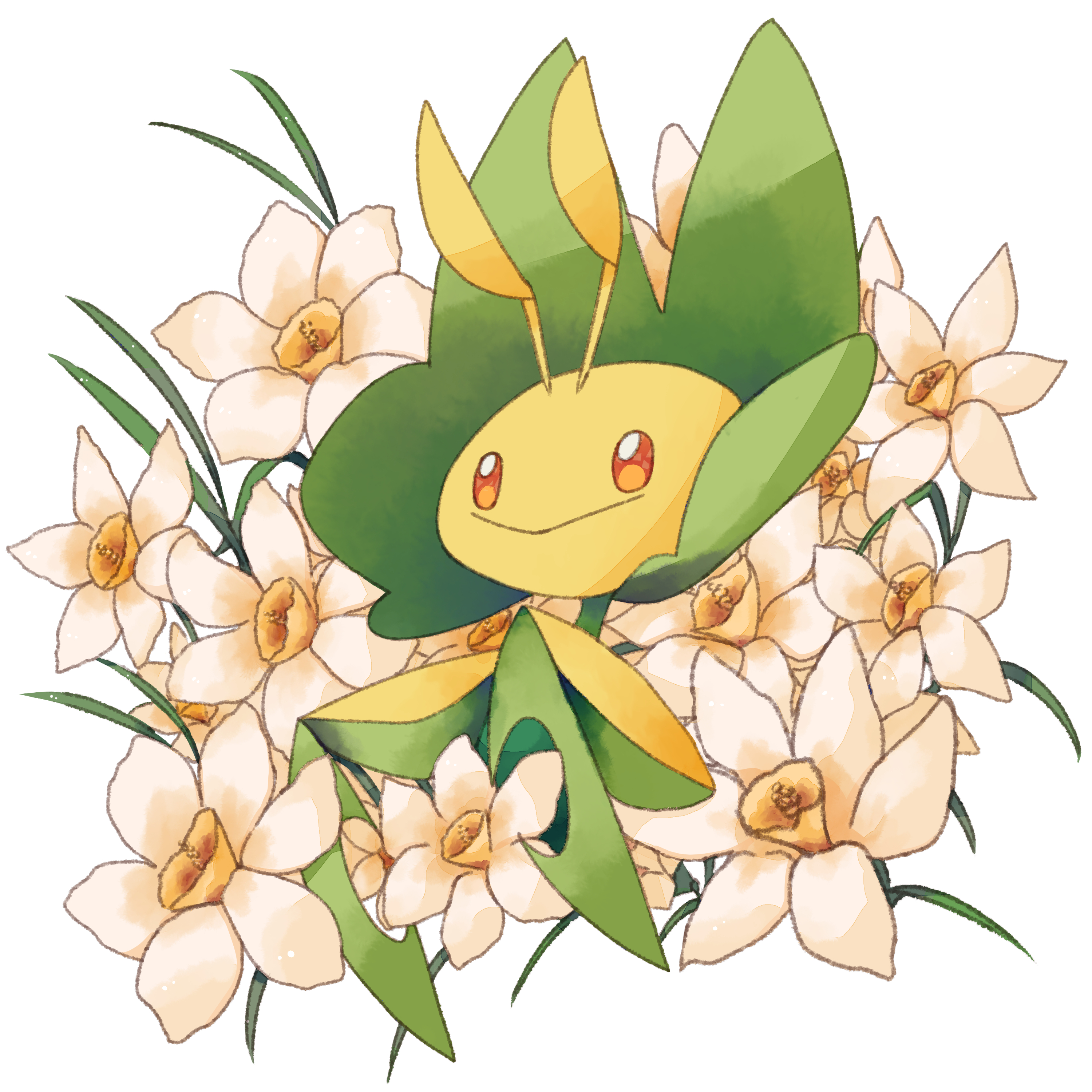 yu (unleashedrage), leavanny, nintendo, pokemon, absurdres, highres, flower, gen 5 pokemon, no humans, pokemon (creature), portrait, yellow eyes