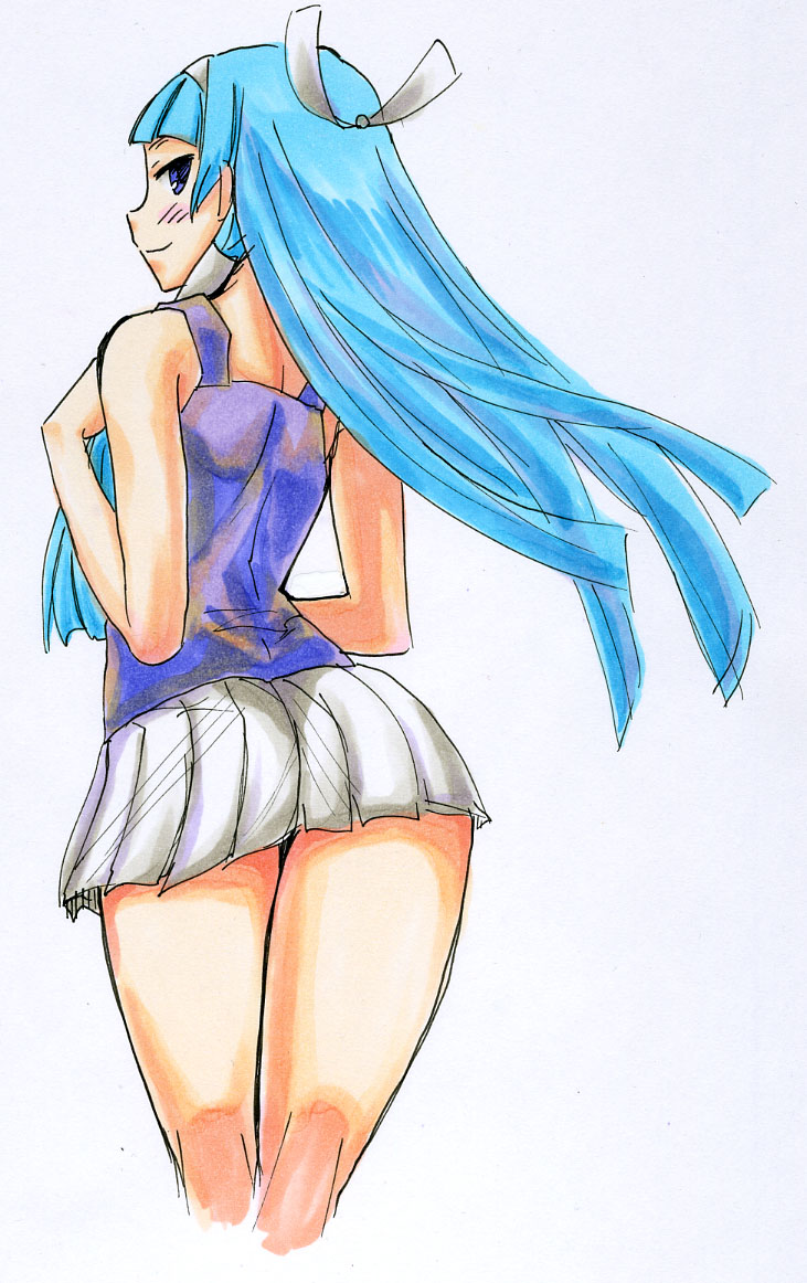 kikuta, nagi, kannagi, 00s, 1girl, blue hair, blunt bangs, female focus, looking back, pleated skirt, skirt, solo, white skirt