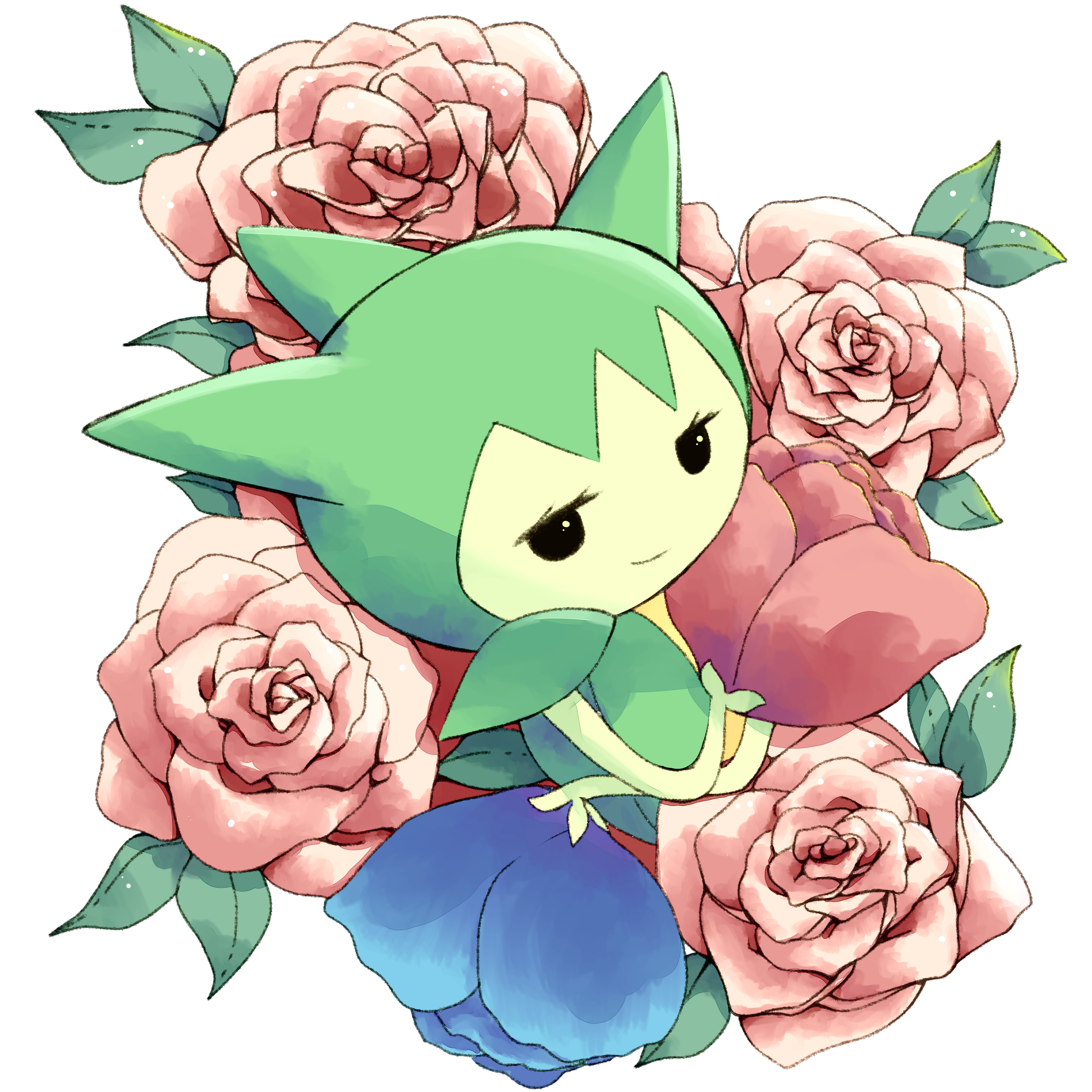 yu (unleashedrage), roselia (pokemon), nintendo, pokemon, absurdres, highres, black eyes, crossed arms, flower, gen 3 pokemon, looking at viewer, no humans, pokemon (creature), rose, solo