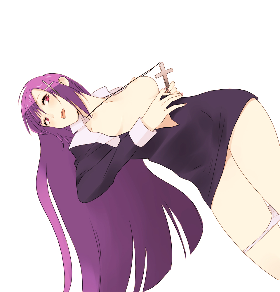koutarou (artist), koutarou (farthest), zange, kannagi, 00s, 1girl, breasts, cross, female focus, kouta rou, long hair, medium breasts, no bra, nun, open clothes, open shirt, panties, panty pull, purple hair, shirt, solo, underwear, white panties