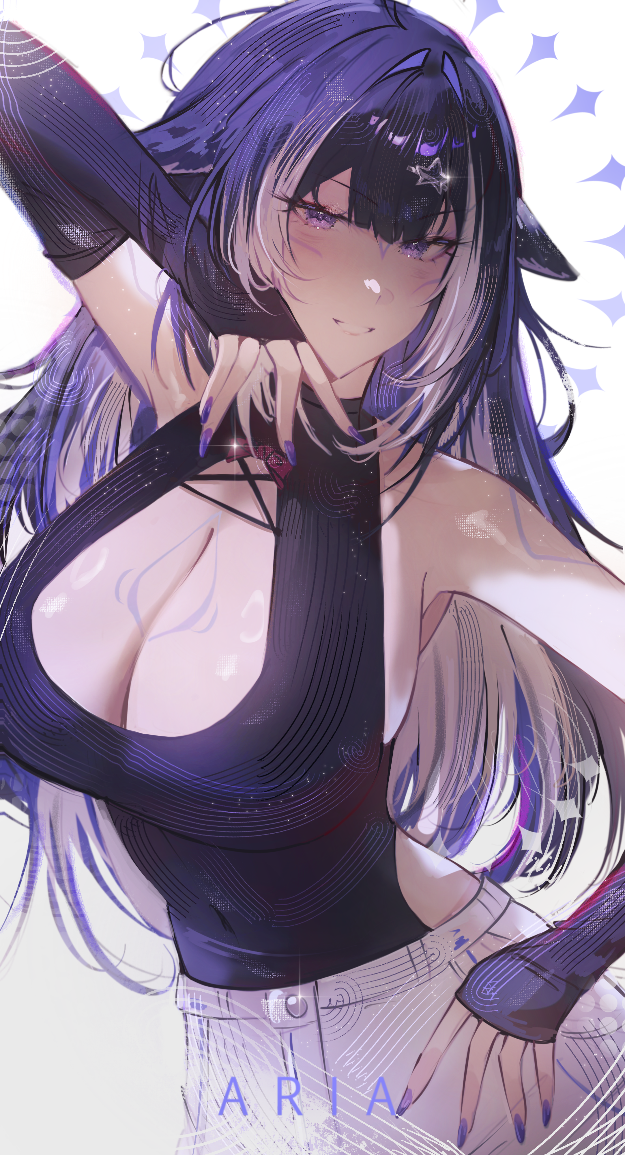 a r i a, shylily, indie virtual youtuber, absurdres, highres, 1girl, ahoge, alternate costume, animal ears, black hair, black shirt, blush, breasts, cat ears, cleavage, cleavage cutout, closed mouth, clothing cutout, colored inner hair, elbow gloves, gloves, grey hair, large breasts, looking at viewer, multicolored hair, nail polish, purple eyes, purple nails, shirt, sidelocks, solo, streaked hair, virtual youtuber, white background
