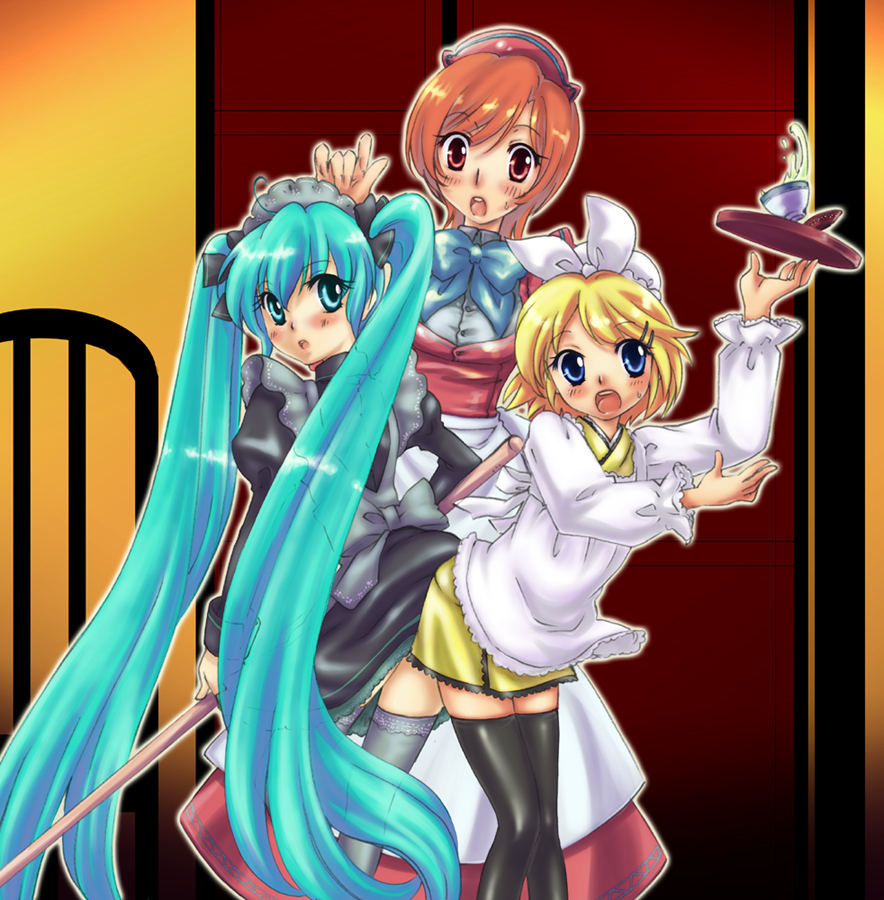 kawagoe pochi, hatsune miku, kagamine rin, meiko (vocaloid), vocaloid, bad id, bad pixiv id, alternate costume, aqua eyes, aqua hair, blonde hair, blue eyes, blush, bow, bowtie, dress, enmaided, hair ribbon, long hair, maid, maid headdress, open mouth, orange eyes, orange hair, ribbon, skirt, sweatdrop, tea, thighhighs, tray, twintails, very long hair, zettai ryouiki