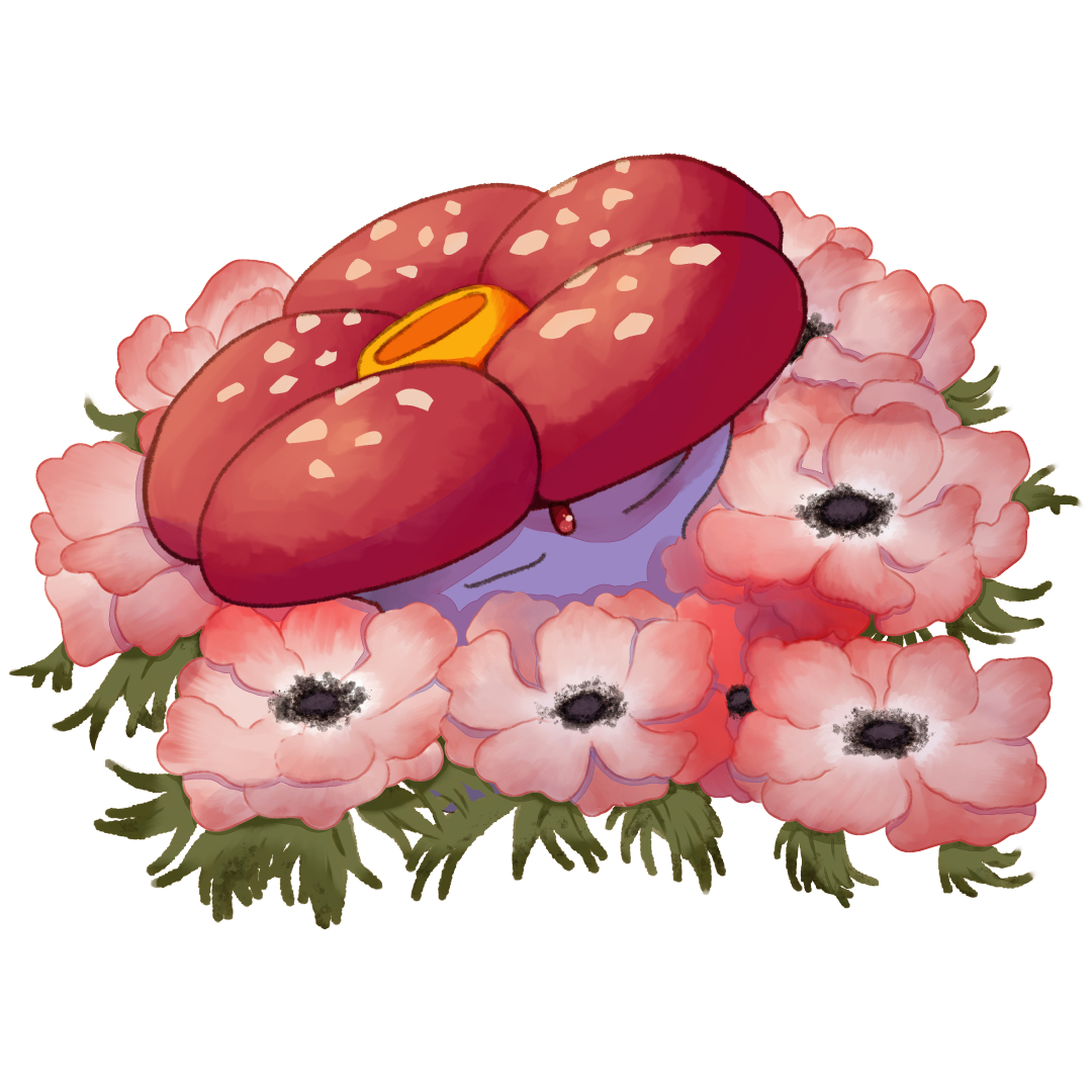 yu (unleashedrage), vileplume, nintendo, pokemon, flower, gen 1 pokemon, no humans, pokemon (creature), red eyes, simple background, solo, white background