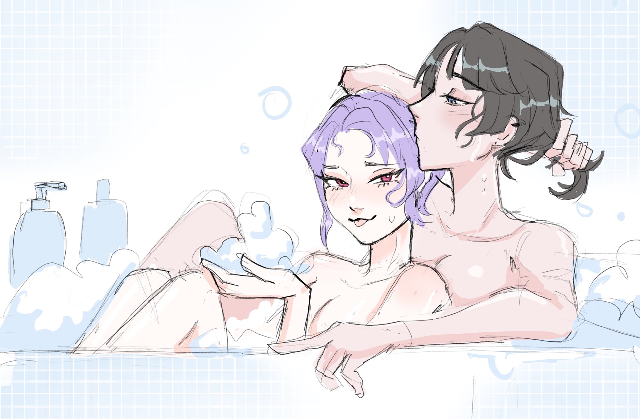 yahata umiri, yuutenji nyamu, bang dream!, bang dream! it's mygo!!!!!, commentary, hashtag-only commentary, highres, 2girls, bath, bathtub, black hair, blue eyes, breasts, closed mouth, hand in own hair, kryakw, medium breasts, multiple girls, pink eyes, purple hair, same-sex bathing, shampoo bottle, shared bathing, short hair, soap bubbles, tongue, tongue out, wet, yuri