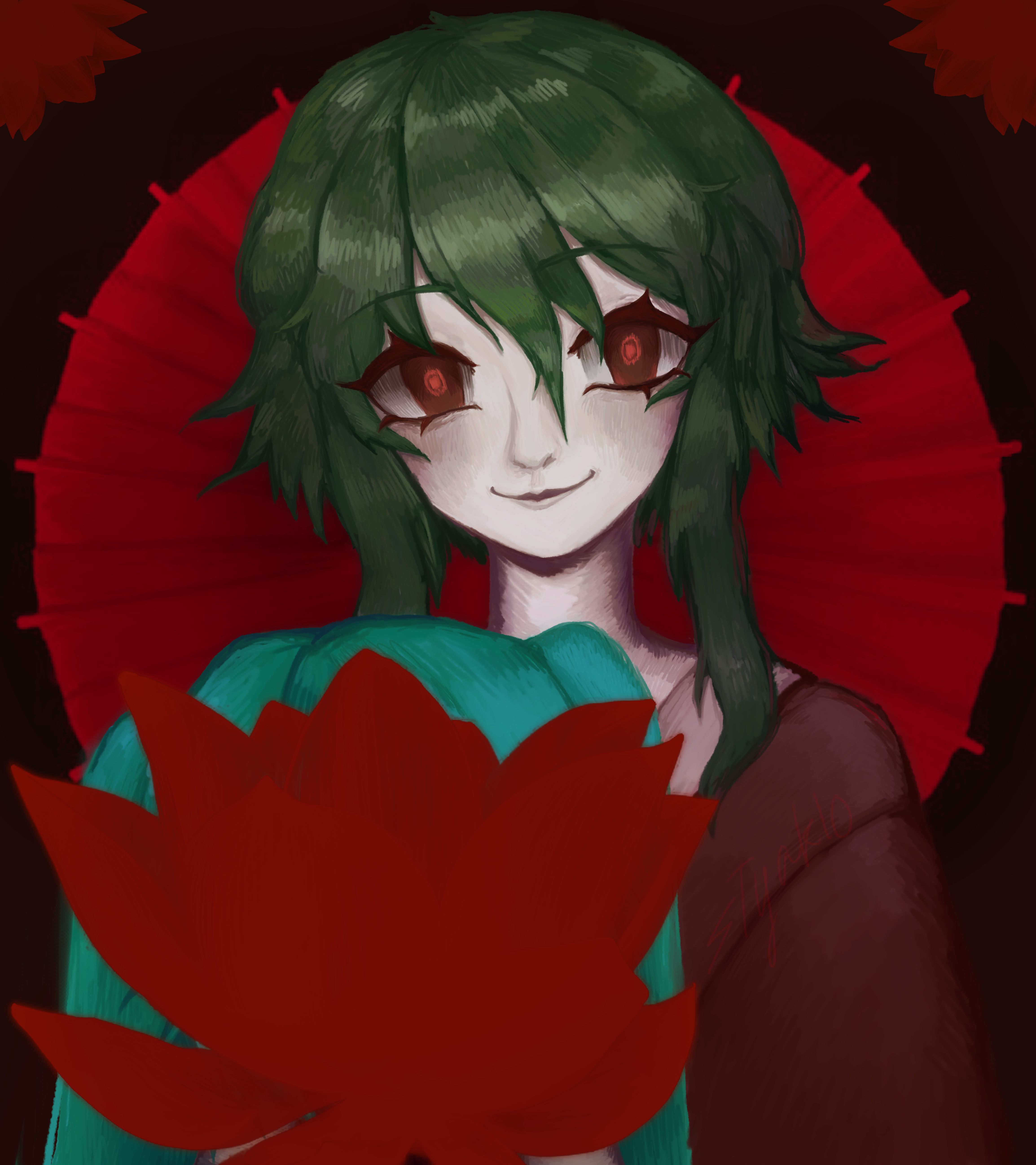 gumi, hatsune miku, vocaloid, absurdres, highres, 2girls, aqua hair, closed mouth, flower, green hair, hair between eyes, long hair, looking at viewer, lotus, medium hair, multiple girls, oil-paper umbrella, oni to kitsune no hanashi, red eyes, red flower, sidelocks, smile, solo focus, styaklo, twintails, umbrella