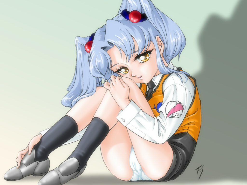 fuji shinobu, hoshino ruri, kidou senkan nadesico, blue hair, hair ornament, loli, long hair, panties, pantyshot, solo, sphere hair ornament, twintails, underwear, yellow eyes