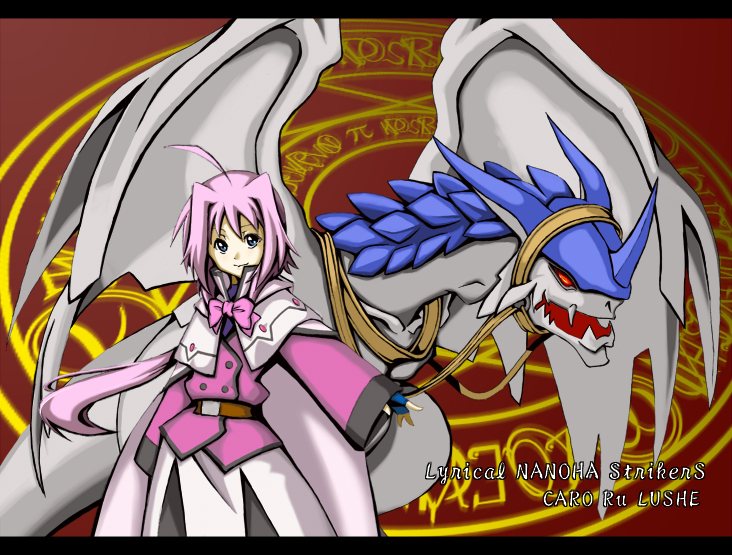 caro ru lushe, friedrich (nanoha), kerykeion (nanoha), lyrical nanoha, mahou shoujo lyrical nanoha, mahou shoujo lyrical nanoha strikers, 00s, 1girl, ahoge, belt, bow, bowtie, buckle, cape, character name, coat, copyright name, dragon, fingerless gloves, gloves, green eyes, long sleeves, looking at viewer, magic circle, magical girl, monster, no headwear, pink bow, pink bowtie, pink hair, scales, sharp teeth, short hair, teeth