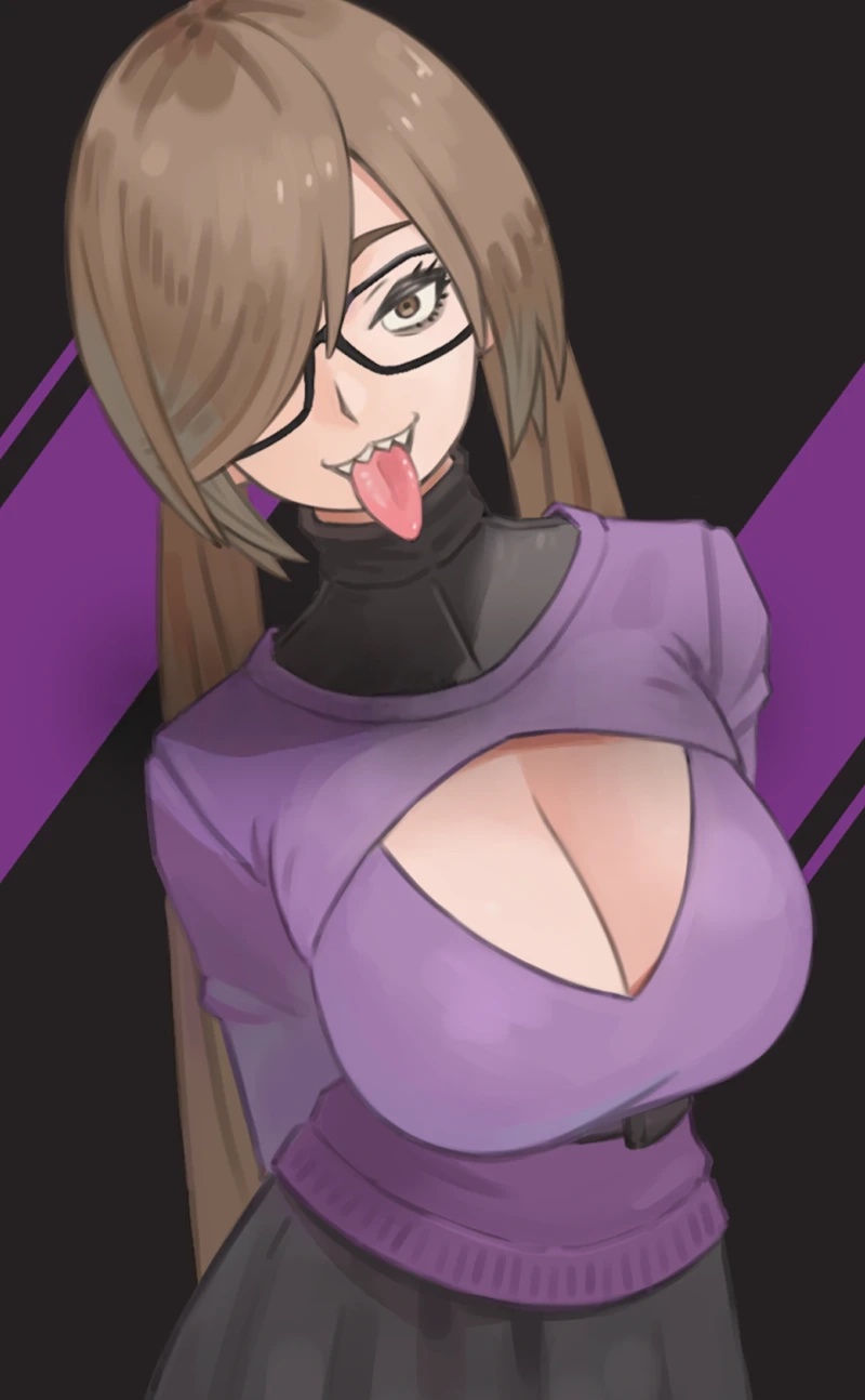 niwatori5948, character request, tagme, 1girl, breasts, cleavage, glasses, hair over one eye, long tongue, tongue, tongue out