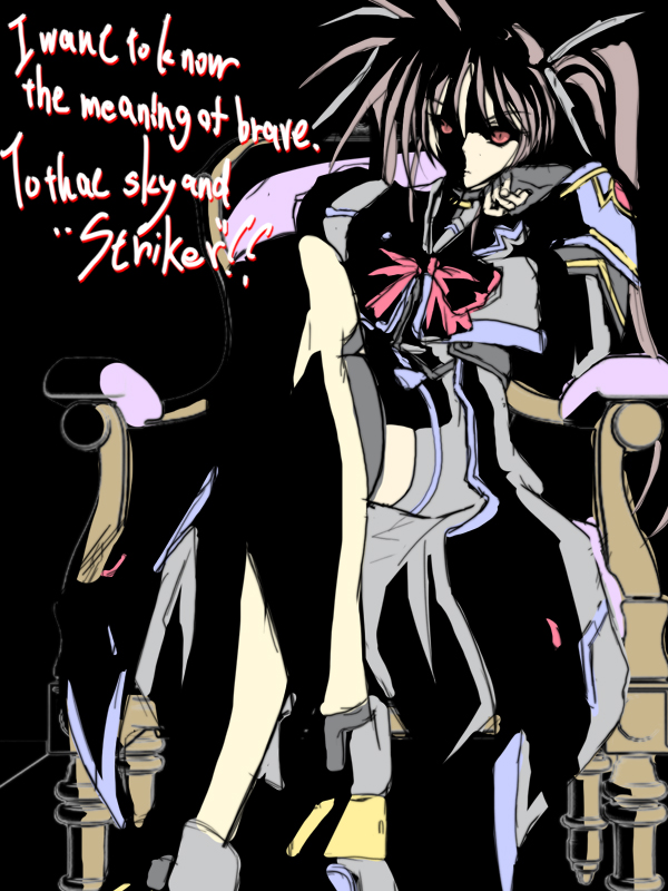 takamachi nanoha, takamachi nanoha (aggressor mode), lyrical nanoha, mahou shoujo lyrical nanoha, mahou shoujo lyrical nanoha strikers, 00s, 1girl, alternate color, bow, dark persona, english text, engrish text, female focus, magical girl, ranguage, red bow, red eyes, solo, twintails, waist cape, white devil