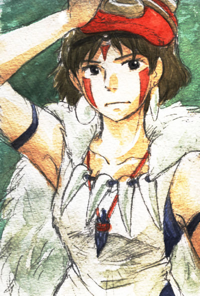 tatta, san (mononoke hime), mononoke hime, studio ghibli, bad id, bad pixiv id, traditional media, 1990s (style), armpits, arms up, black eyes, brown hair, cape, earrings, facepaint, headband, jewelry, mask, necklace, retro artstyle, short hair, solo