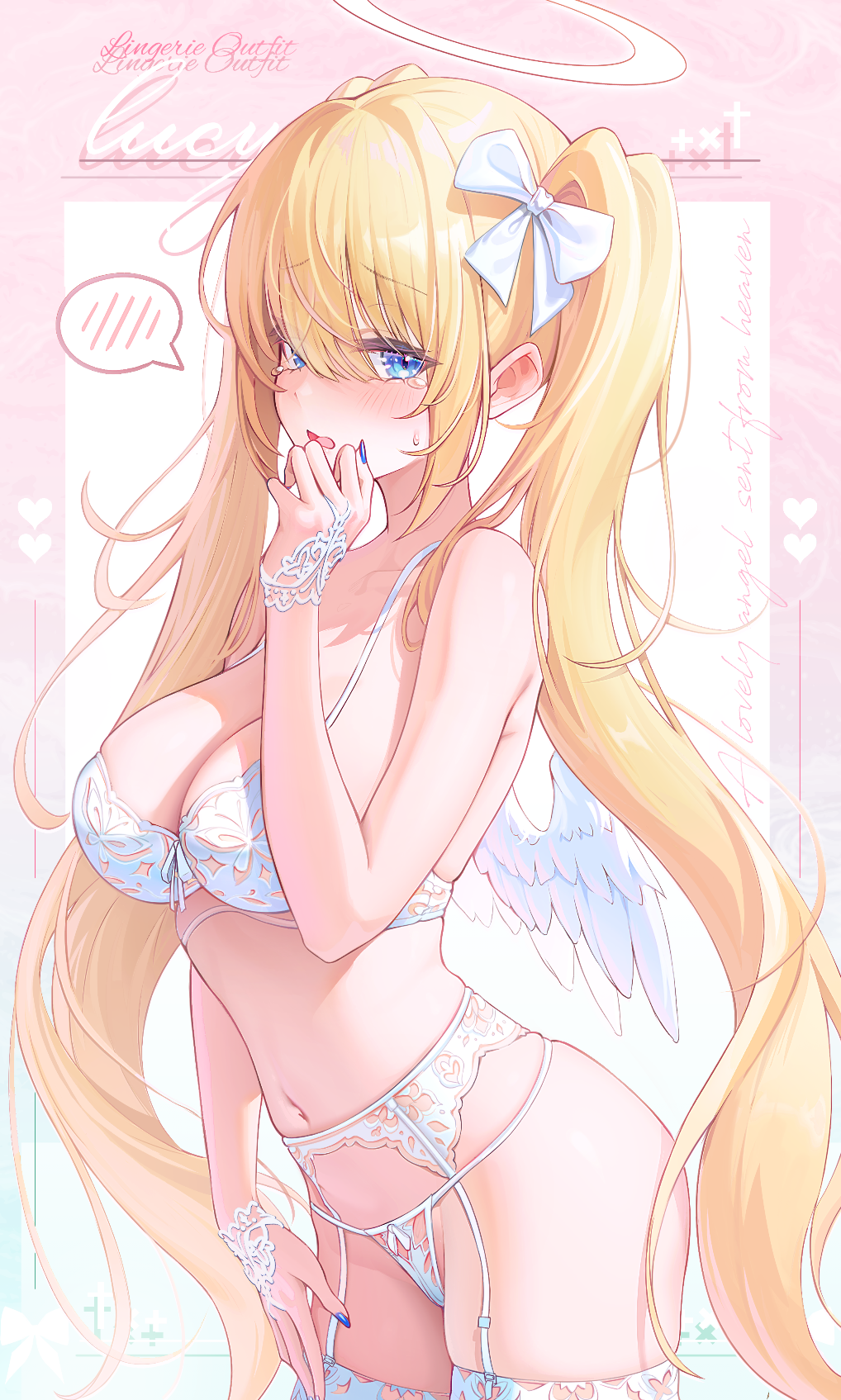 kira (kira78718520), original, highres, 1girl, angel wings, bare shoulders, blonde hair, blue eyes, blue nails, bow, bra, breasts, cleavage, cowboy shot, crying, crying with eyes open, feathered wings, garter belt, hair bow, halo, hand on own thigh, hand up, lingerie, long hair, looking at viewer, medium breasts, nail polish, navel, open mouth, panties, sidelocks, skindentation, solo, spoken blush, stomach, string bra, string panties, tears, thighhighs, thighs, twintails, underwear, underwear only, very long hair, white bra, white panties, white thighhighs, wings