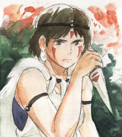 tatta, san (mononoke hime), mononoke hime, studio ghibli, bad id, bad pixiv id, lowres, traditional media, 1990s (style), bare shoulders, black eyes, brown hair, cape, earrings, facepaint, headband, jewelry, knife, necklace, retro artstyle, short hair, solo
